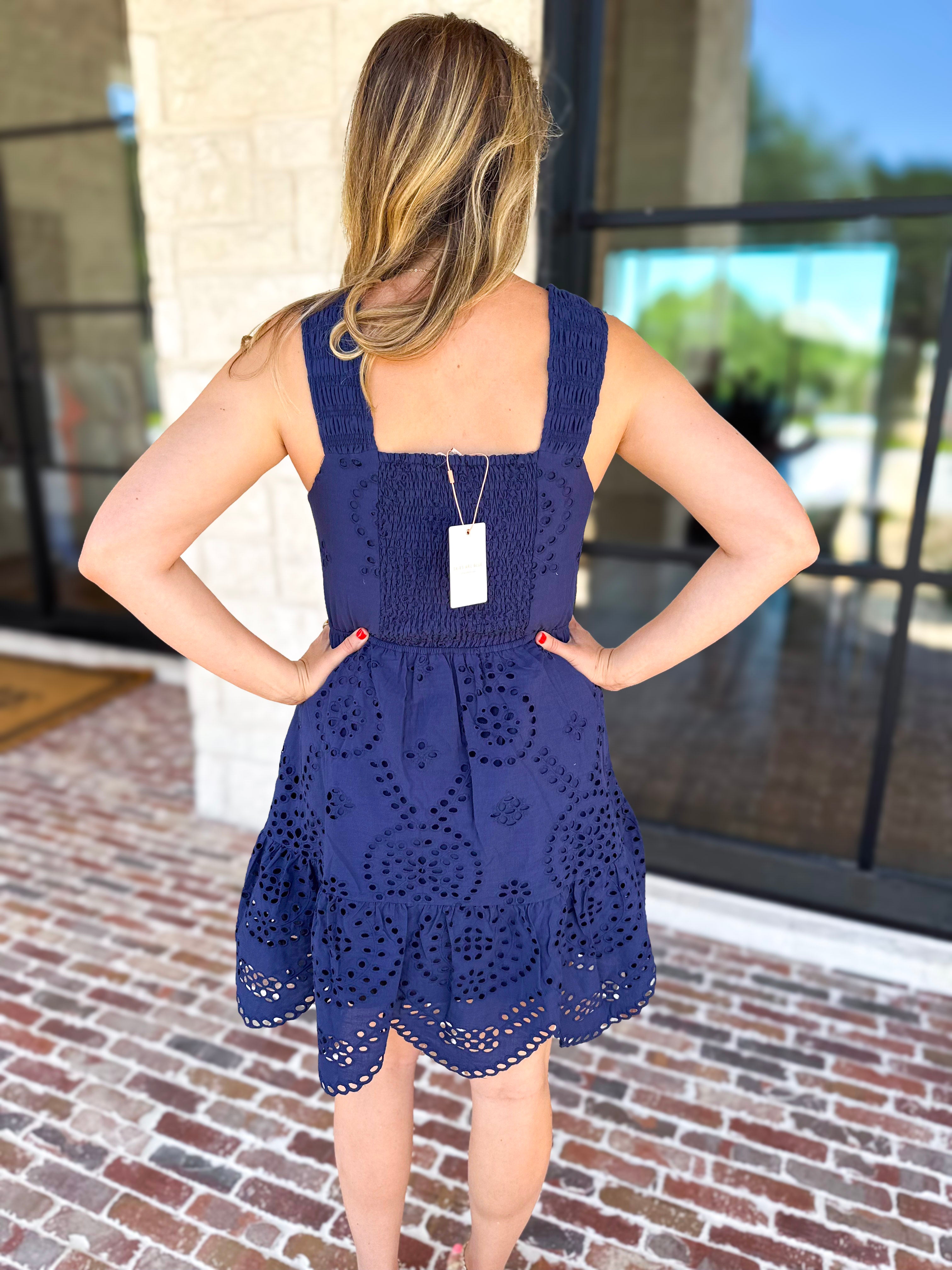 Navy Eyelet Mini Dress-510 Mini-SKIES ARE BLUE-July & June Women's Fashion Boutique Located in San Antonio, Texas
