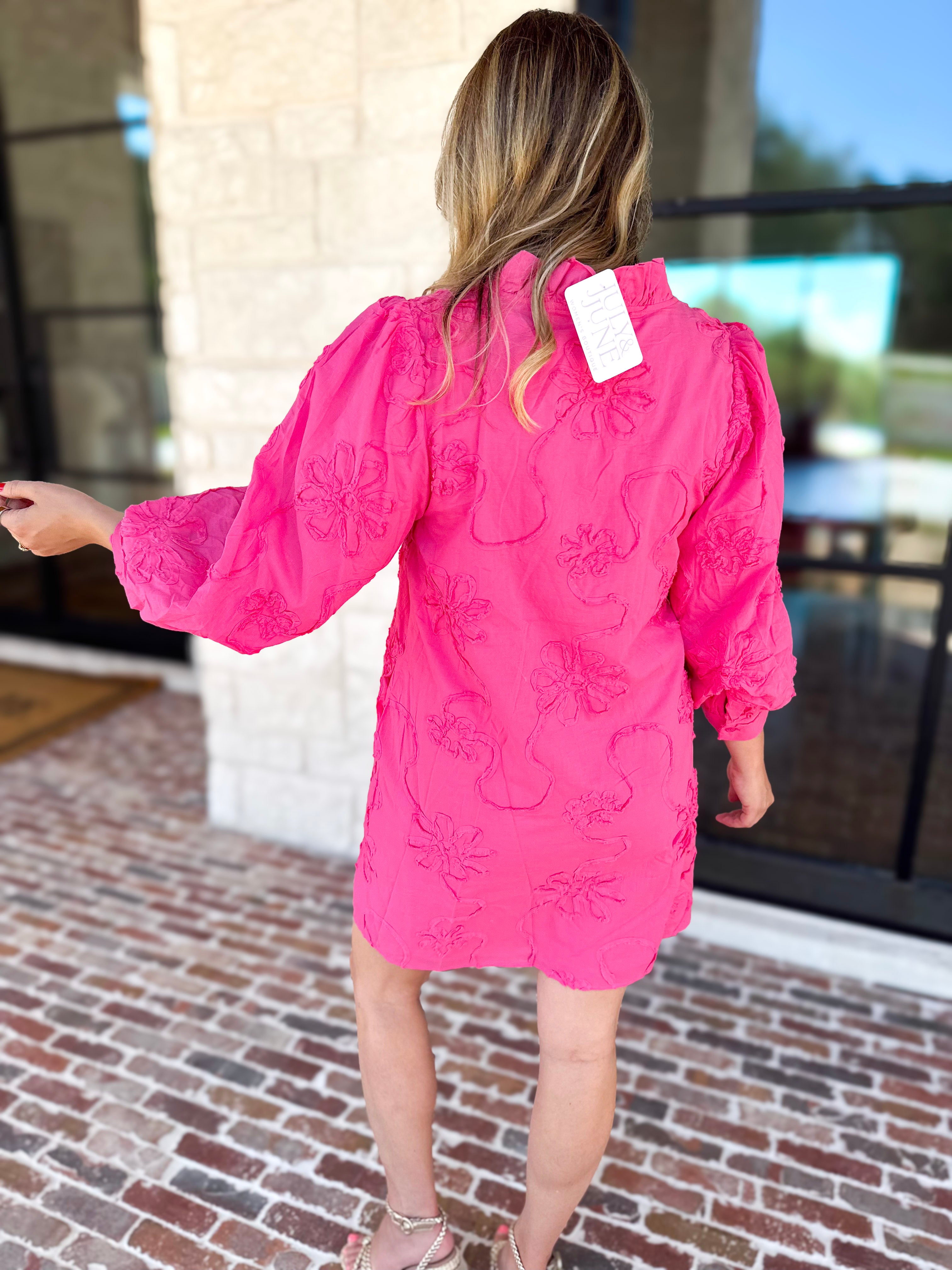 Hot Pink Floral Details Mini Dress-510 Mini-JODIFL-July & June Women's Fashion Boutique Located in San Antonio, Texas