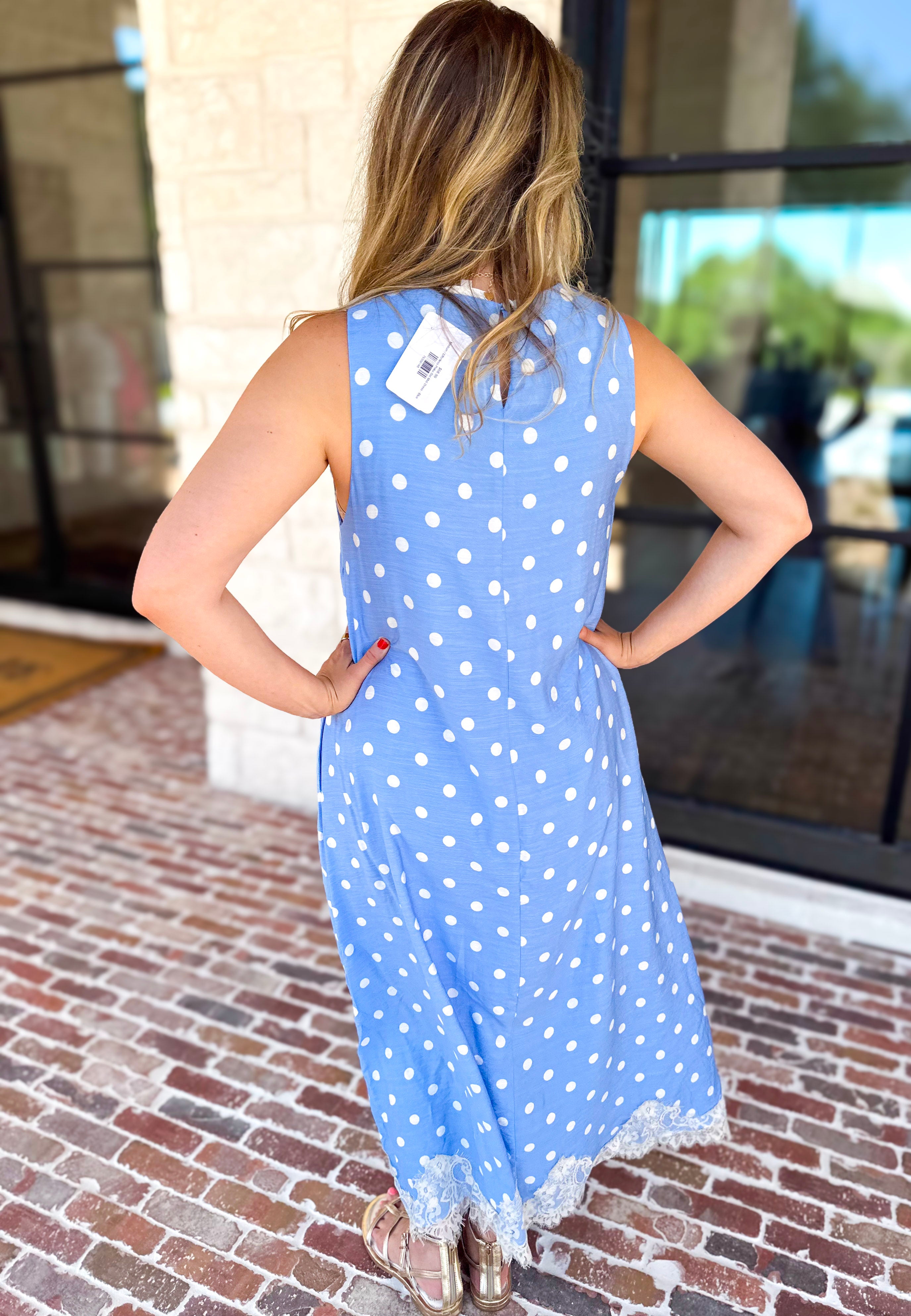 Effortless Polka Dot Midi Dress - Blue-500 Midi-ENTRO-July & June Women's Fashion Boutique Located in San Antonio, Texas