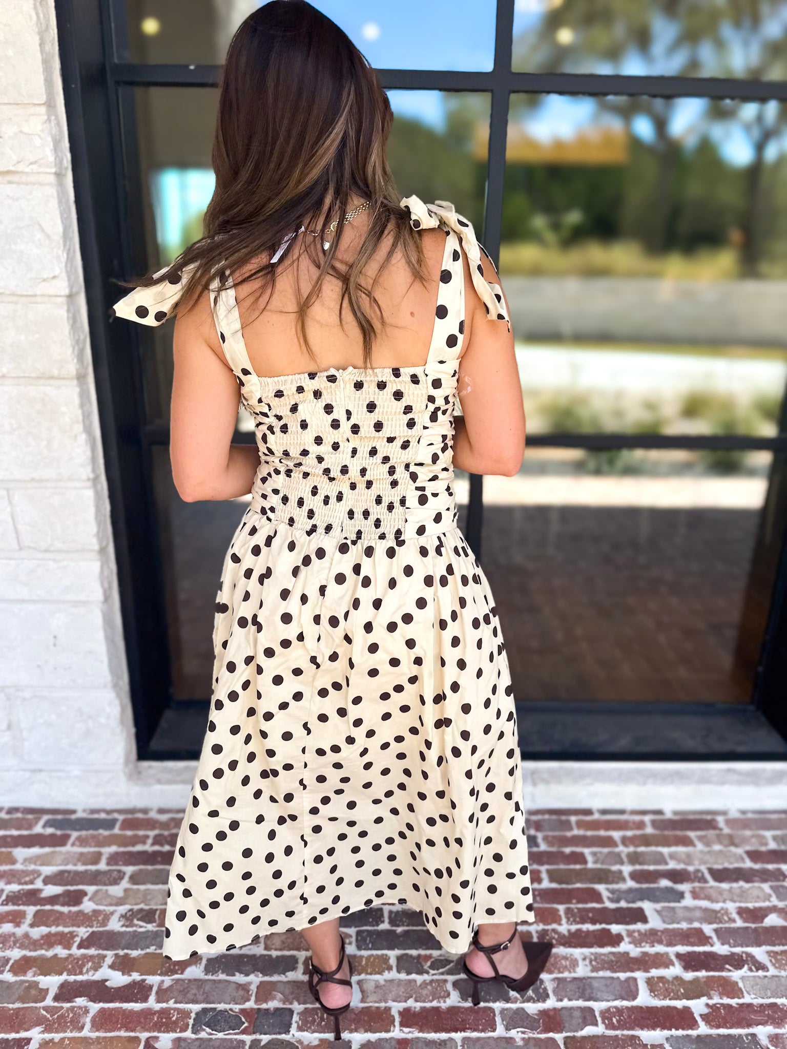 Ruched Polka Dot Midi Dress-500 Midi-ENTRO-July & June Women's Fashion Boutique Located in San Antonio, Texas