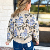 Current Air - Barley & Blue Floral Half Zip Sweater-230 Sweaters/Cardis-CURRENT AIR CLOTHING-July & June Women's Fashion Boutique Located in San Antonio, Texas