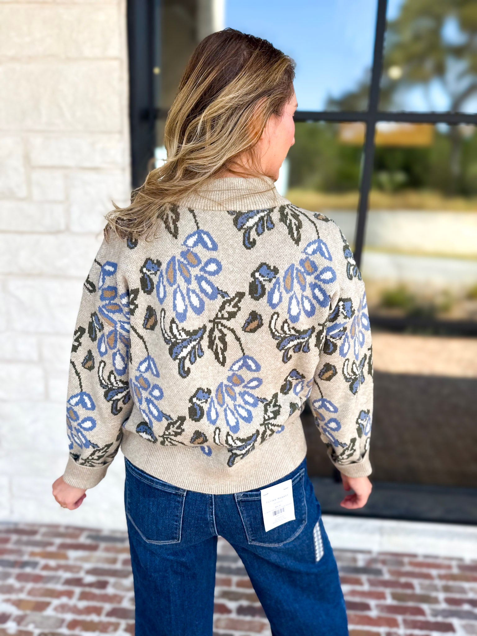 Current Air - Barley & Blue Floral Half Zip Sweater-230 Sweaters/Cardis-CURRENT AIR CLOTHING-July & June Women's Fashion Boutique Located in San Antonio, Texas
