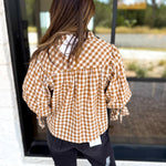 Gingham Scalloped Blouse - Camel-200 Fashion Blouses-ENTRO-July & June Women's Fashion Boutique Located in San Antonio, Texas