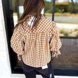 Gingham Scalloped Blouse - Camel-200 Fashion Blouses-ENTRO-July & June Women's Fashion Boutique Located in San Antonio, Texas