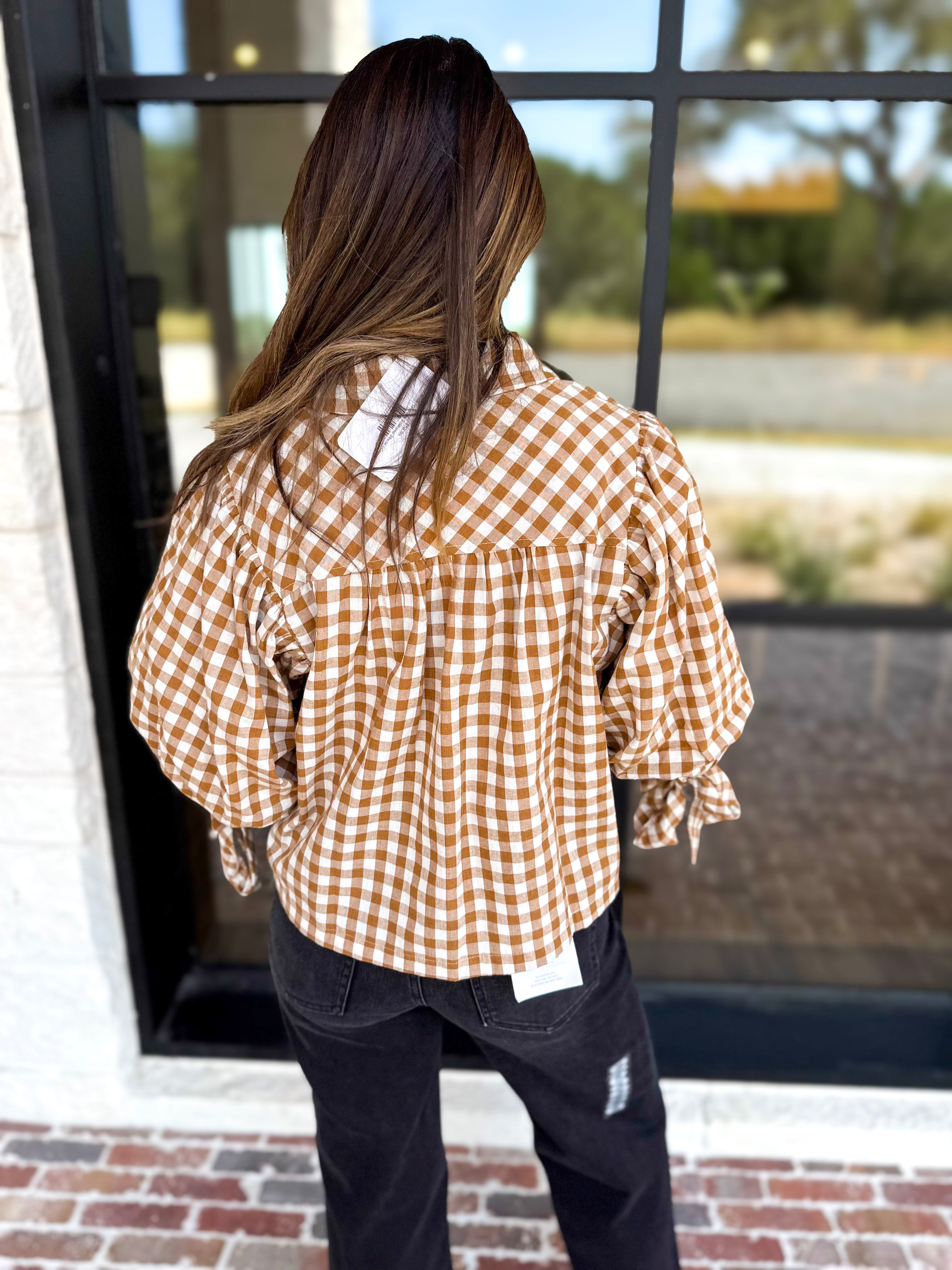Gingham Scalloped Blouse - Camel-200 Fashion Blouses-ENTRO-July & June Women's Fashion Boutique Located in San Antonio, Texas
