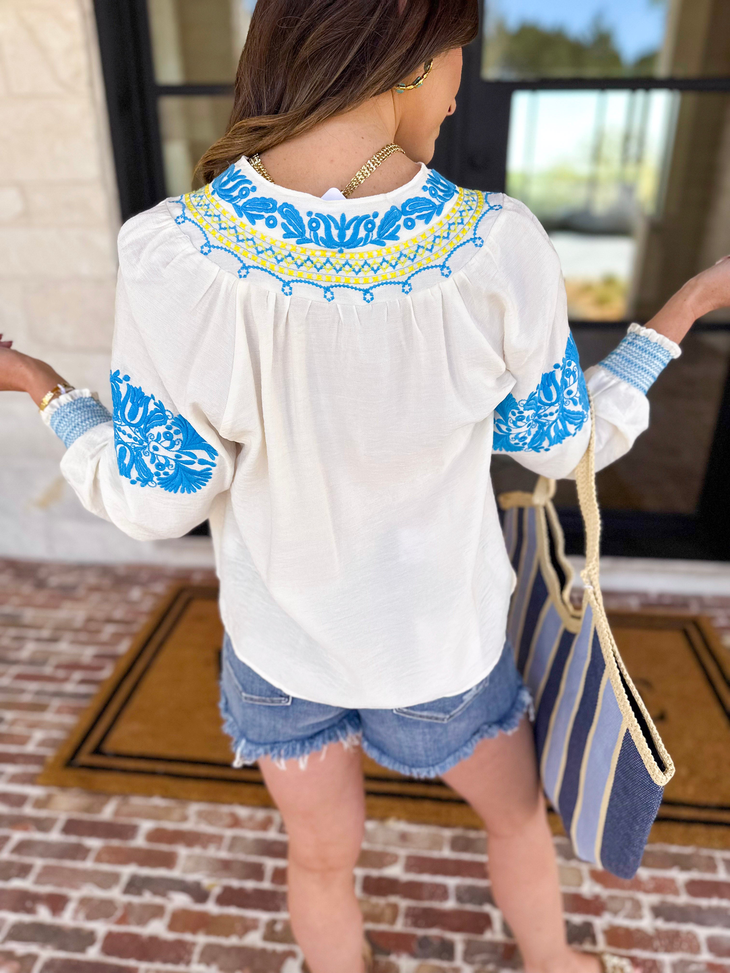 Current Air - The Santa Fe Blouse - Ivory-200 Fashion Blouses-CURRENT AIR CLOTHING-July & June Women's Fashion Boutique Located in San Antonio, Texas