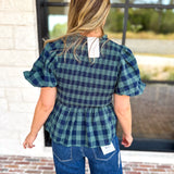 Pine Plaid Blouse-200 Fashion Blouses-ENTRO-July & June Women's Fashion Boutique Located in San Antonio, Texas