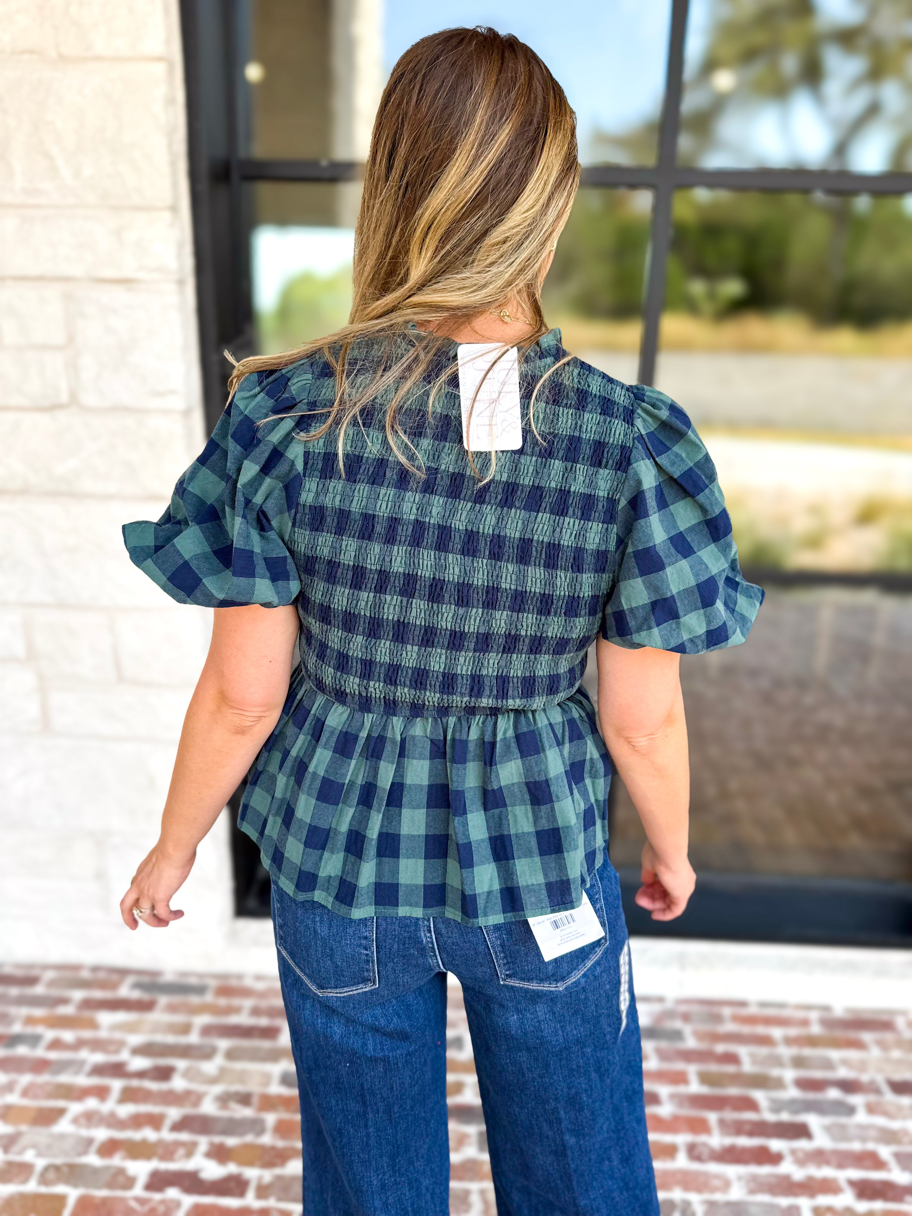 Pine Plaid Blouse-200 Fashion Blouses-ENTRO-July & June Women's Fashion Boutique Located in San Antonio, Texas