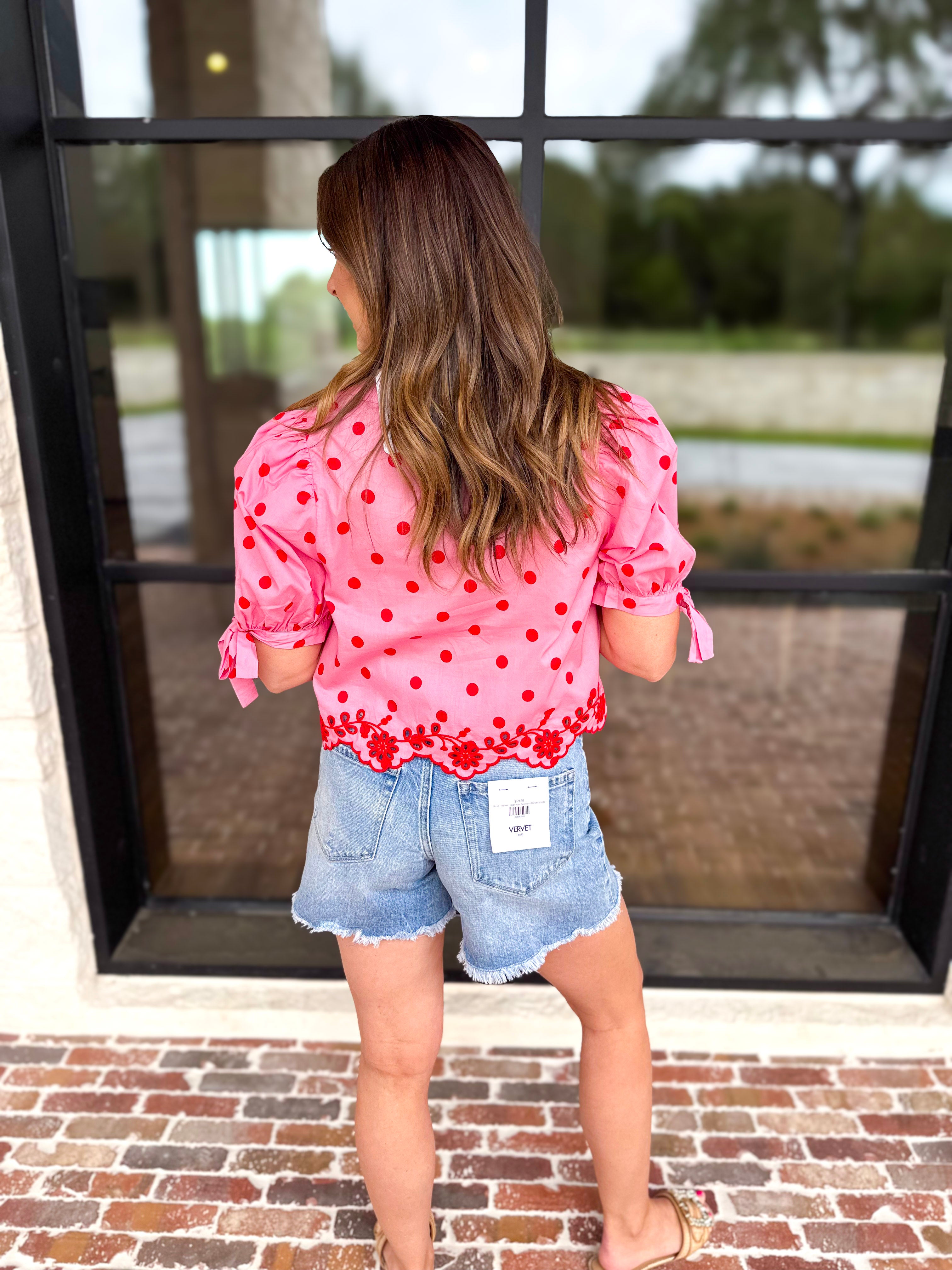 Polka Dot Chic Blouse - Red & Pink-200 Fashion Blouses-ENTRO-July & June Women's Fashion Boutique Located in San Antonio, Texas