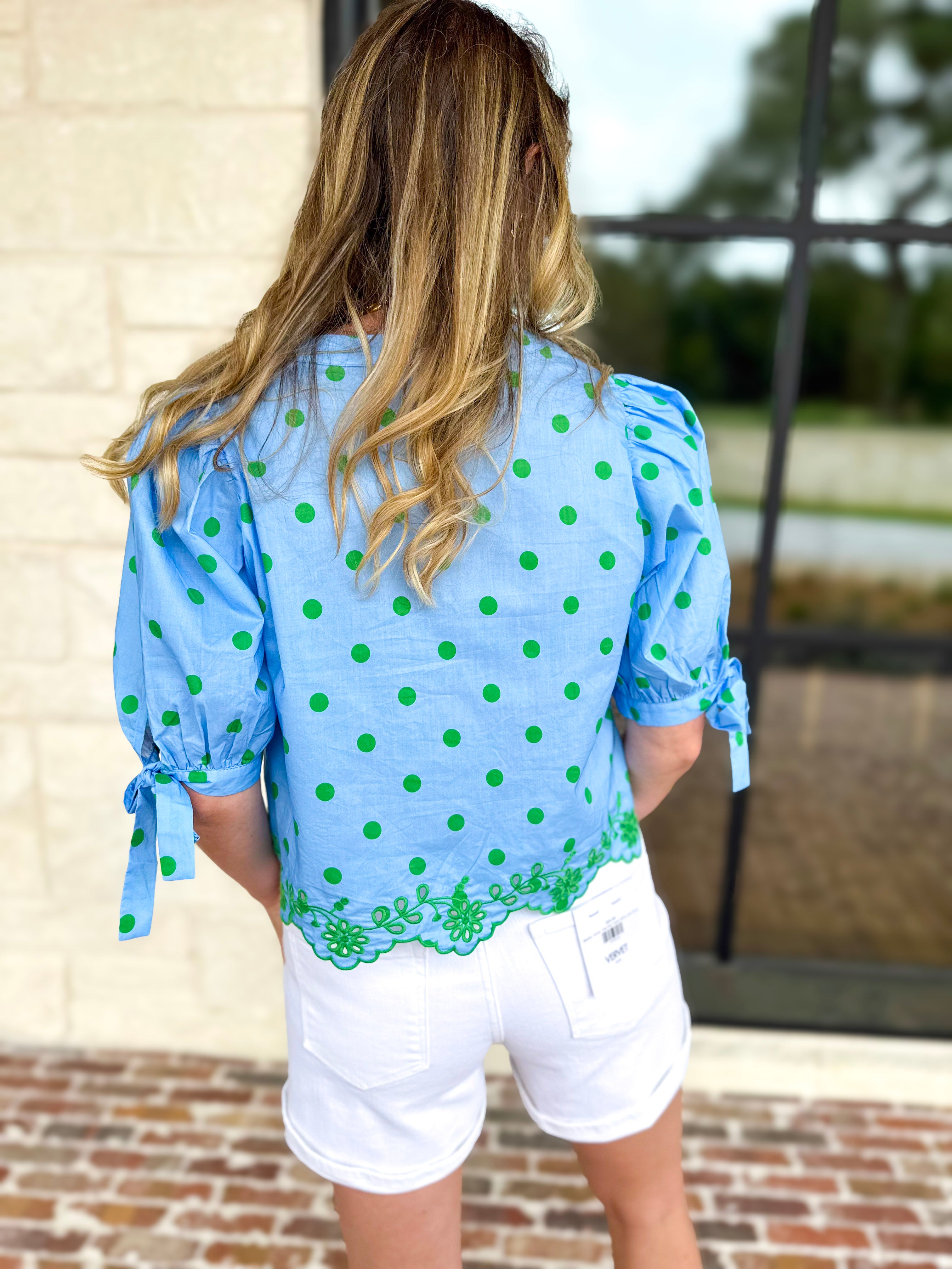 Polka Dot Chic Blouse - Green & Blue-200 Fashion Blouses-ENTRO-July & June Women's Fashion Boutique Located in San Antonio, Texas