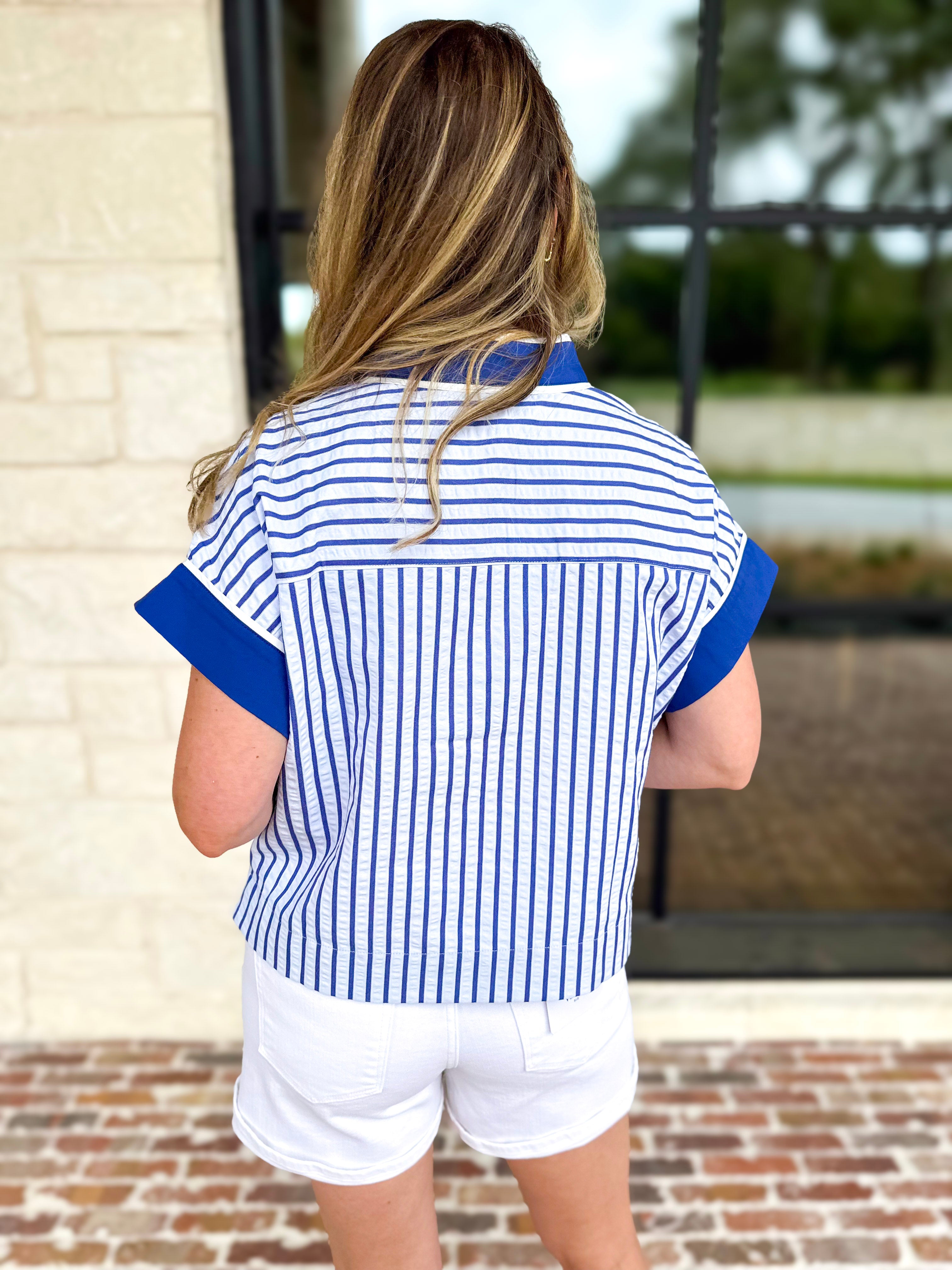 Bayside Striped Blouse - Pale Blue & Cobalt-200 Fashion Blouses-ENTRO-July & June Women's Fashion Boutique Located in San Antonio, Texas