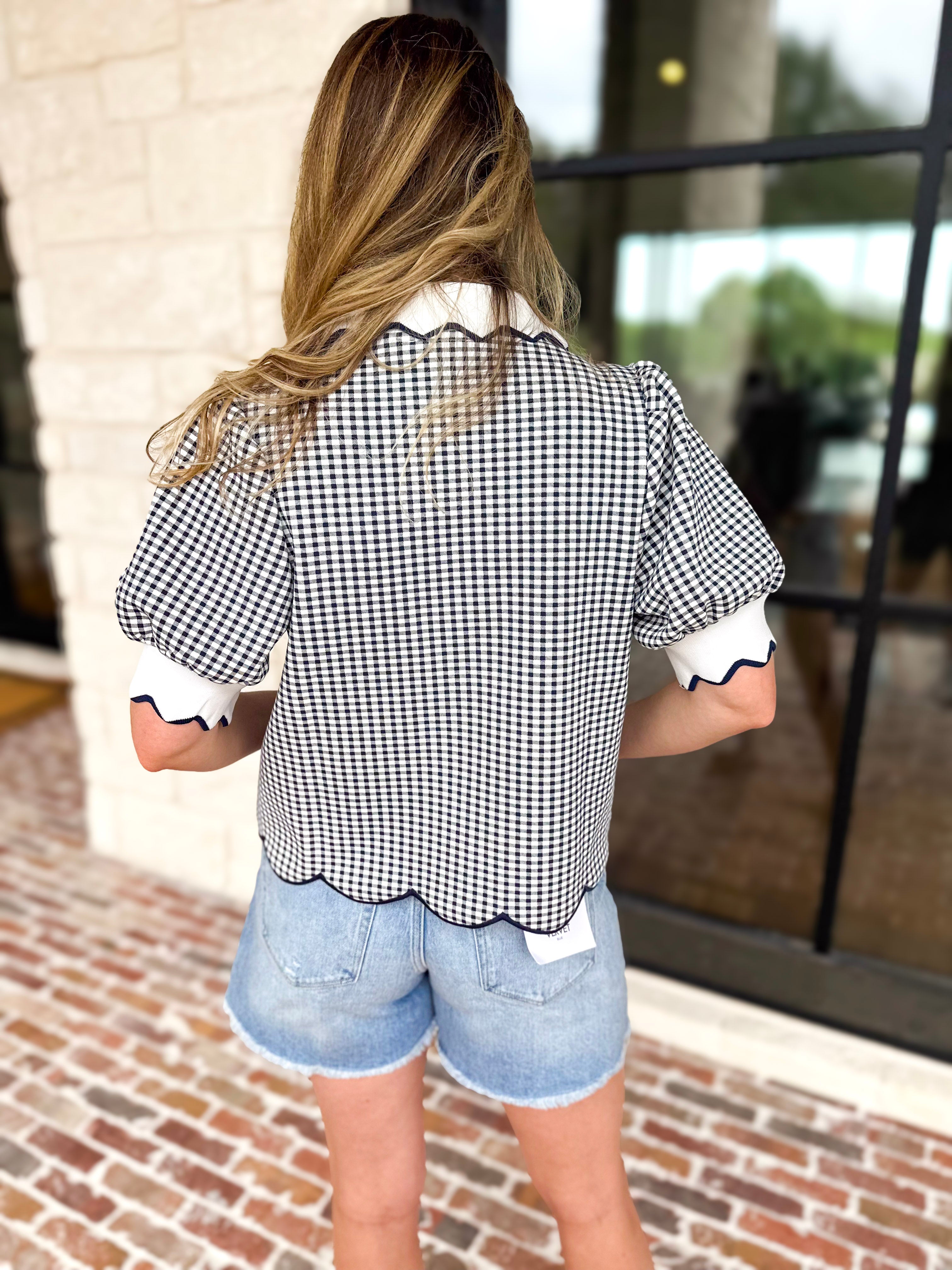 Summer Escape Gingham Blouse - Navy Blue-200 Fashion Blouses-ENTRO-July & June Women's Fashion Boutique Located in San Antonio, Texas