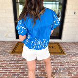 THML - The Riverwalk Embroidered Blouse - Blue-200 Fashion Blouses-THML-July & June Women's Fashion Boutique Located in San Antonio, Texas