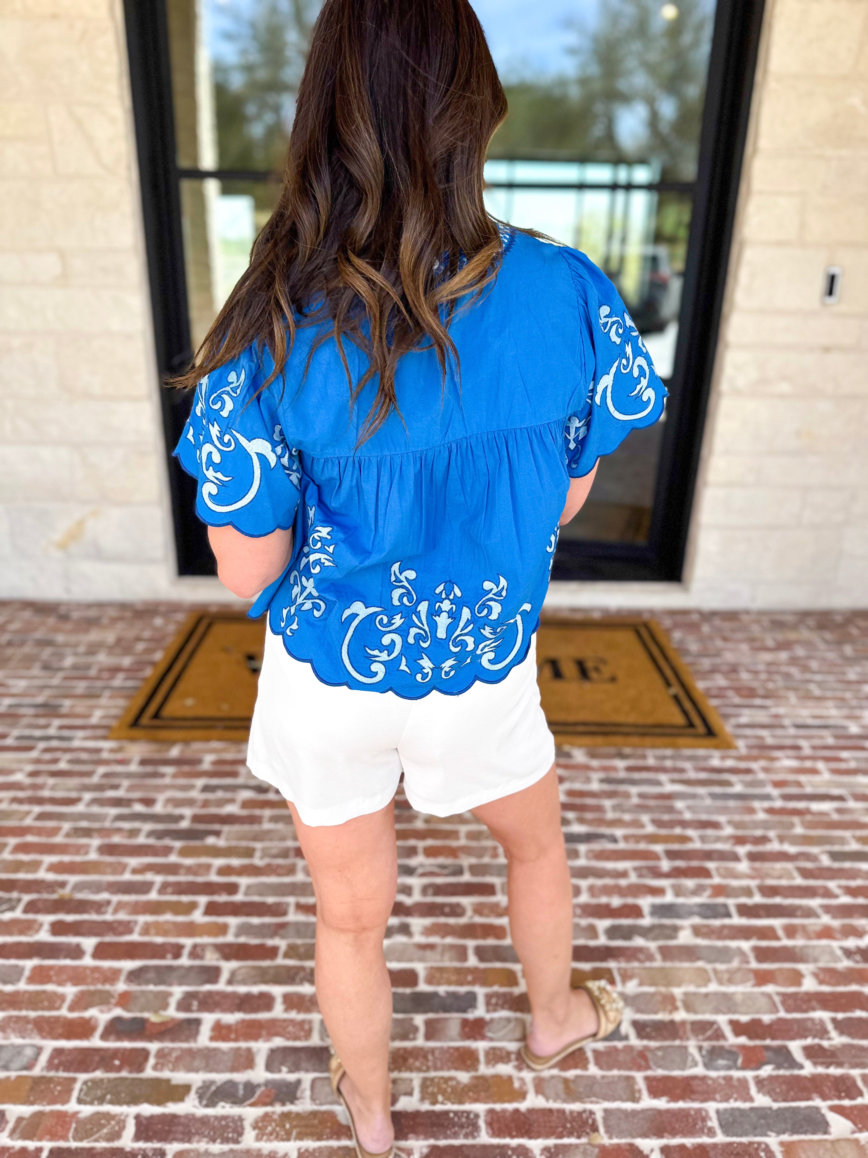 THML - The Riverwalk Embroidered Blouse - Blue-200 Fashion Blouses-THML-July & June Women's Fashion Boutique Located in San Antonio, Texas