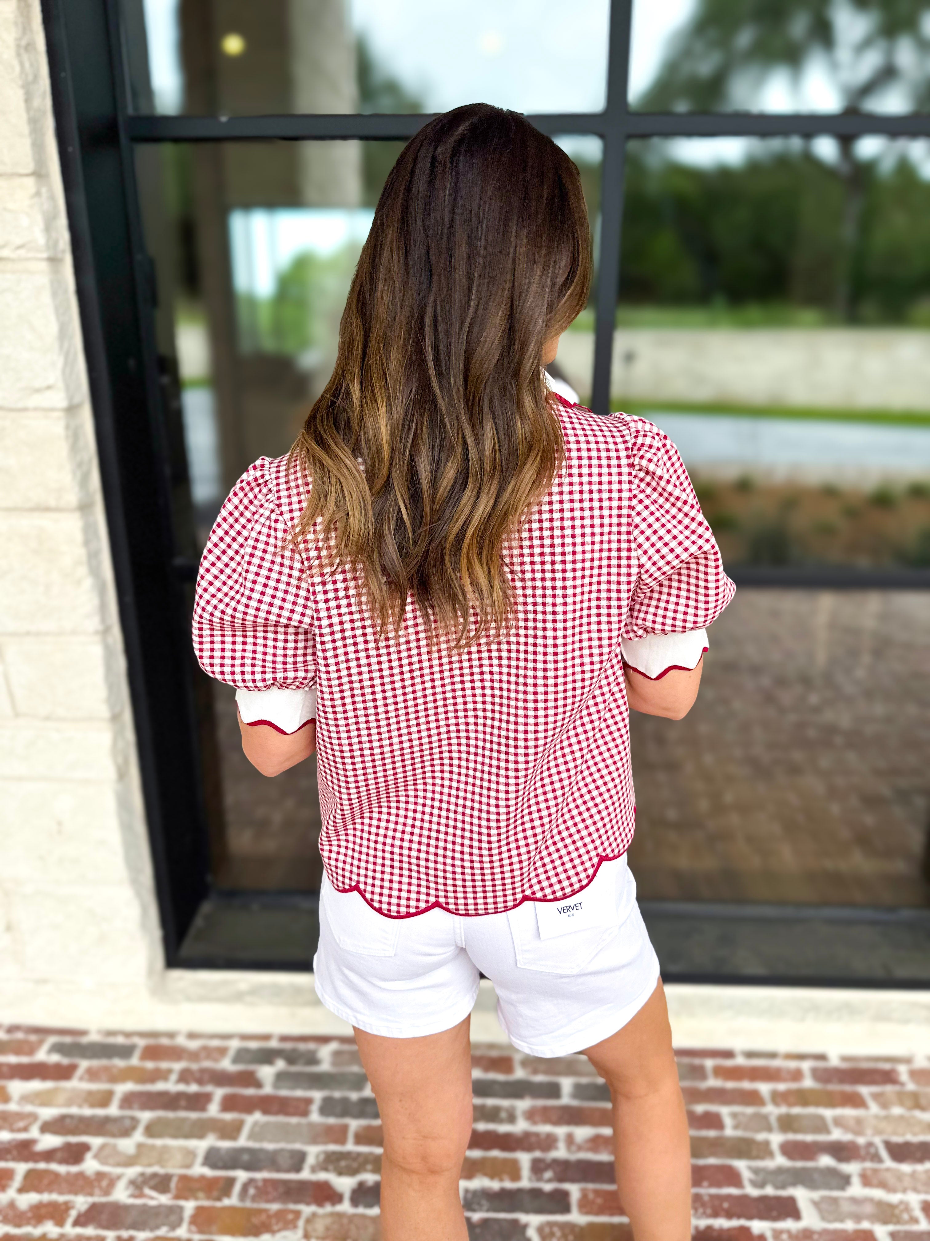Summer Escape Gingham Blouse - Red-200 Fashion Blouses-ENTRO-July & June Women's Fashion Boutique Located in San Antonio, Texas