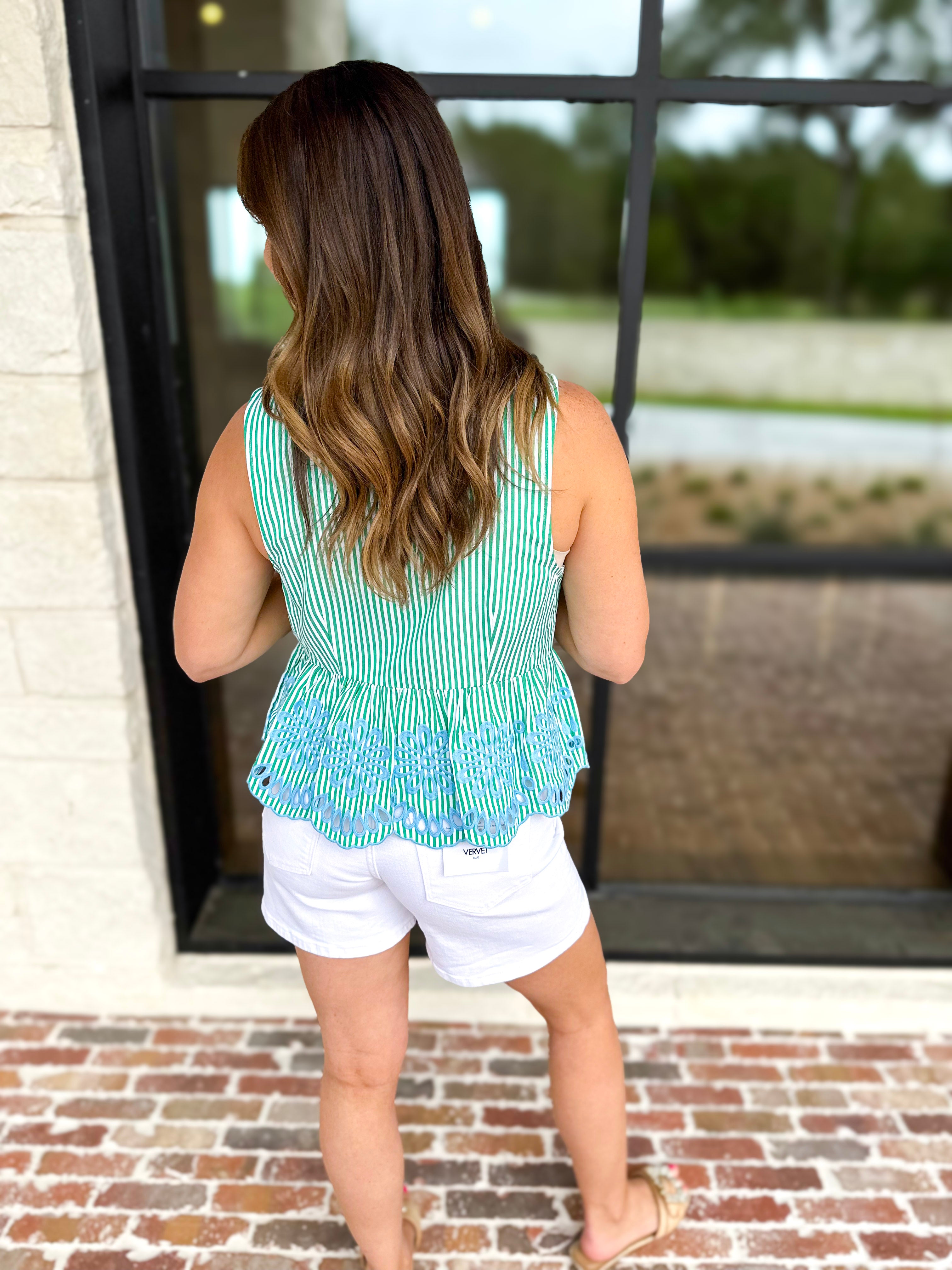 Warm Breeze Stripe & Embroidered Tank - Green-200 Fashion Blouses-ENTRO-July & June Women's Fashion Boutique Located in San Antonio, Texas