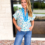 The Maisie Floral Scalloped Blouse - Blue & Ivory-200 Fashion Blouses-ENTRO-July & June Women's Fashion Boutique Located in San Antonio, Texas
