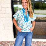 The Maisie Floral Scalloped Blouse - Blue & Ivory-200 Fashion Blouses-ENTRO-July & June Women's Fashion Boutique Located in San Antonio, Texas