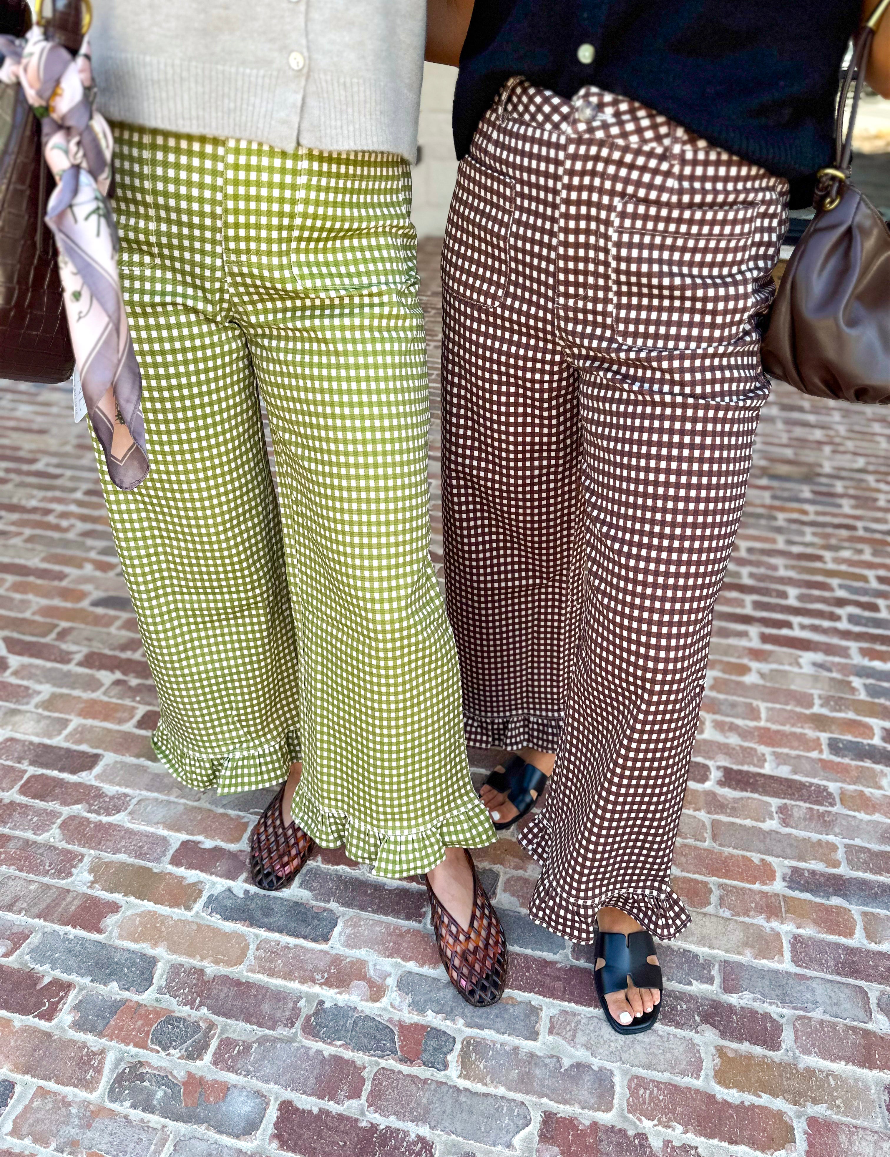 Gingham Ruffle Trim Pants - Olive-400 Pants-ENTRO-July & June Women's Fashion Boutique Located in San Antonio, Texas
