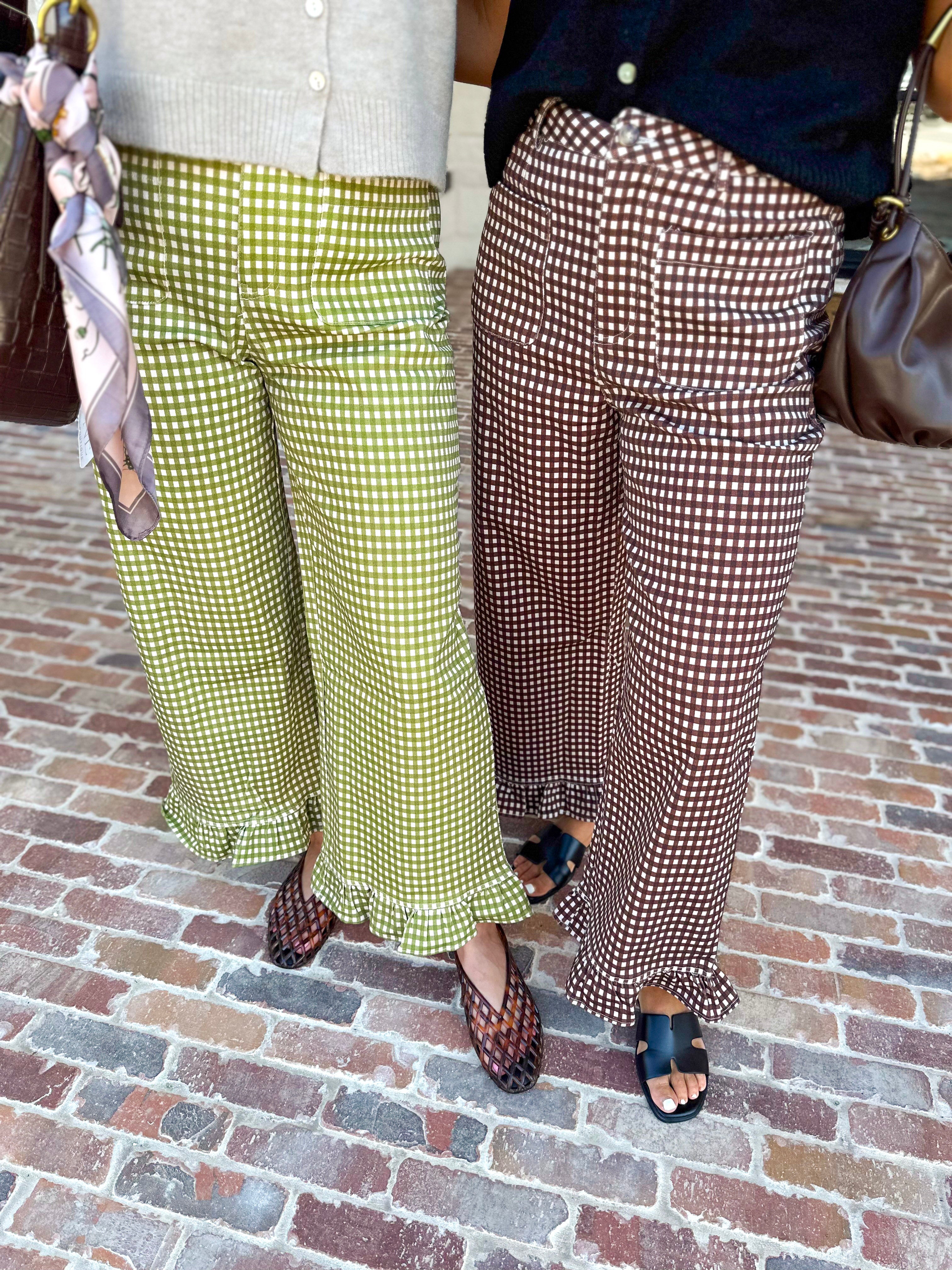 Gingham Ruffle Trim Pants - Olive-400 Pants-ENTRO-July & June Women's Fashion Boutique Located in San Antonio, Texas