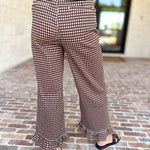 Gingham Ruffle Trim Pants - Brown-400 Pants-ENTRO-July & June Women's Fashion Boutique Located in San Antonio, Texas