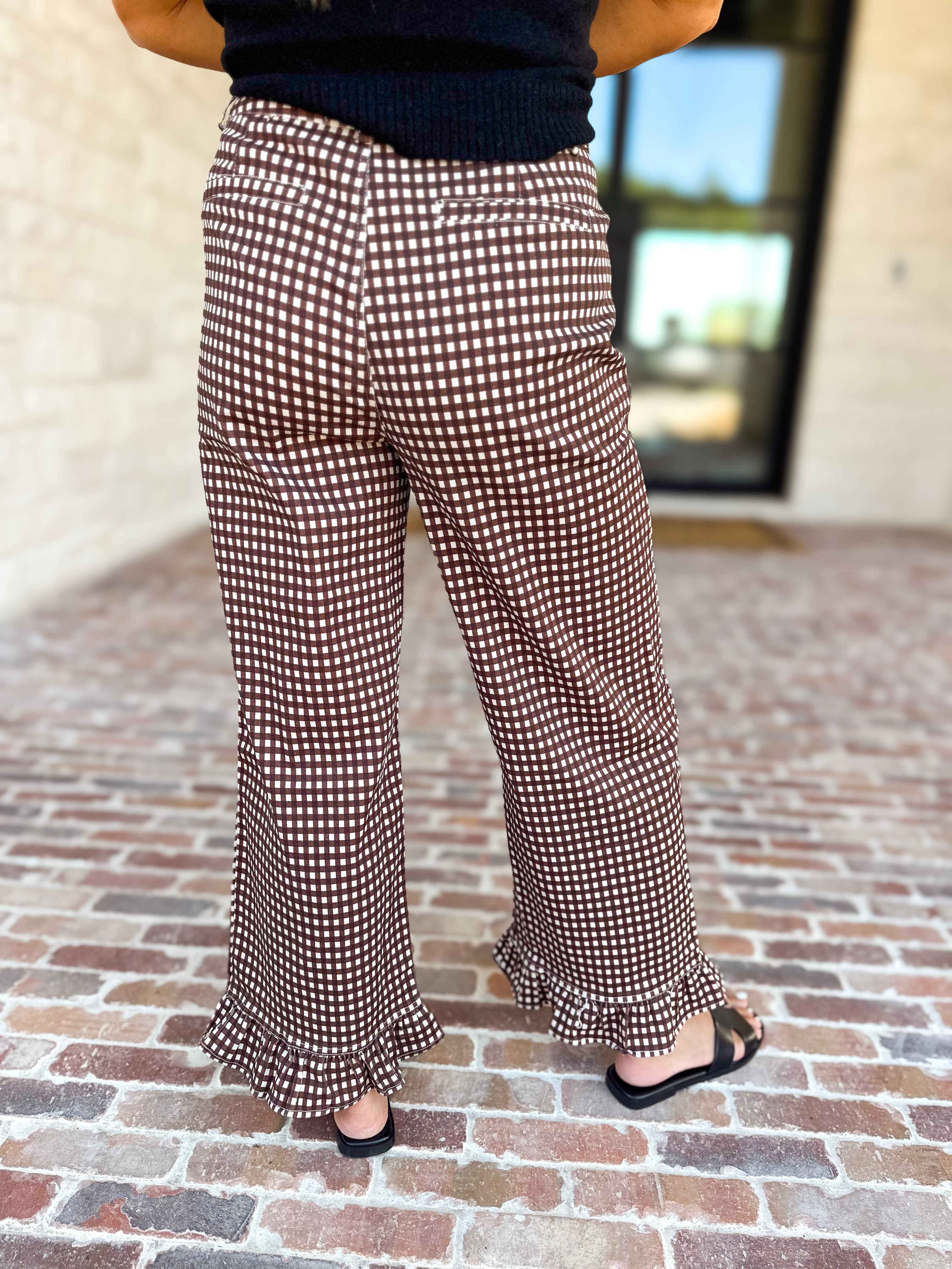 Gingham Ruffle Trim Pants - Brown-400 Pants-ENTRO-July & June Women's Fashion Boutique Located in San Antonio, Texas