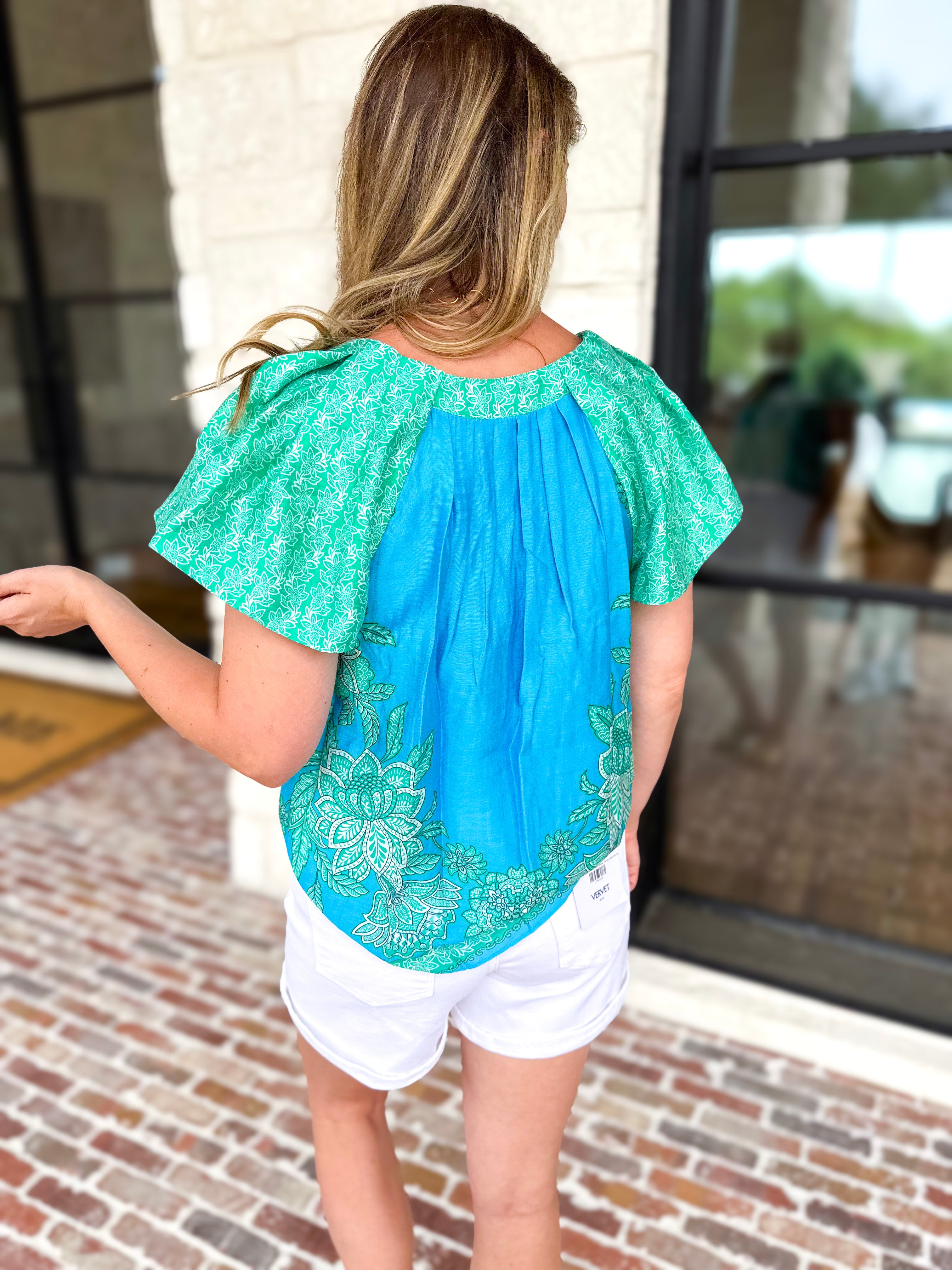 Current Air - Blue Tide Floral Blouse-200 Fashion Blouses-CURRENT AIR CLOTHING-July & June Women's Fashion Boutique Located in San Antonio, Texas