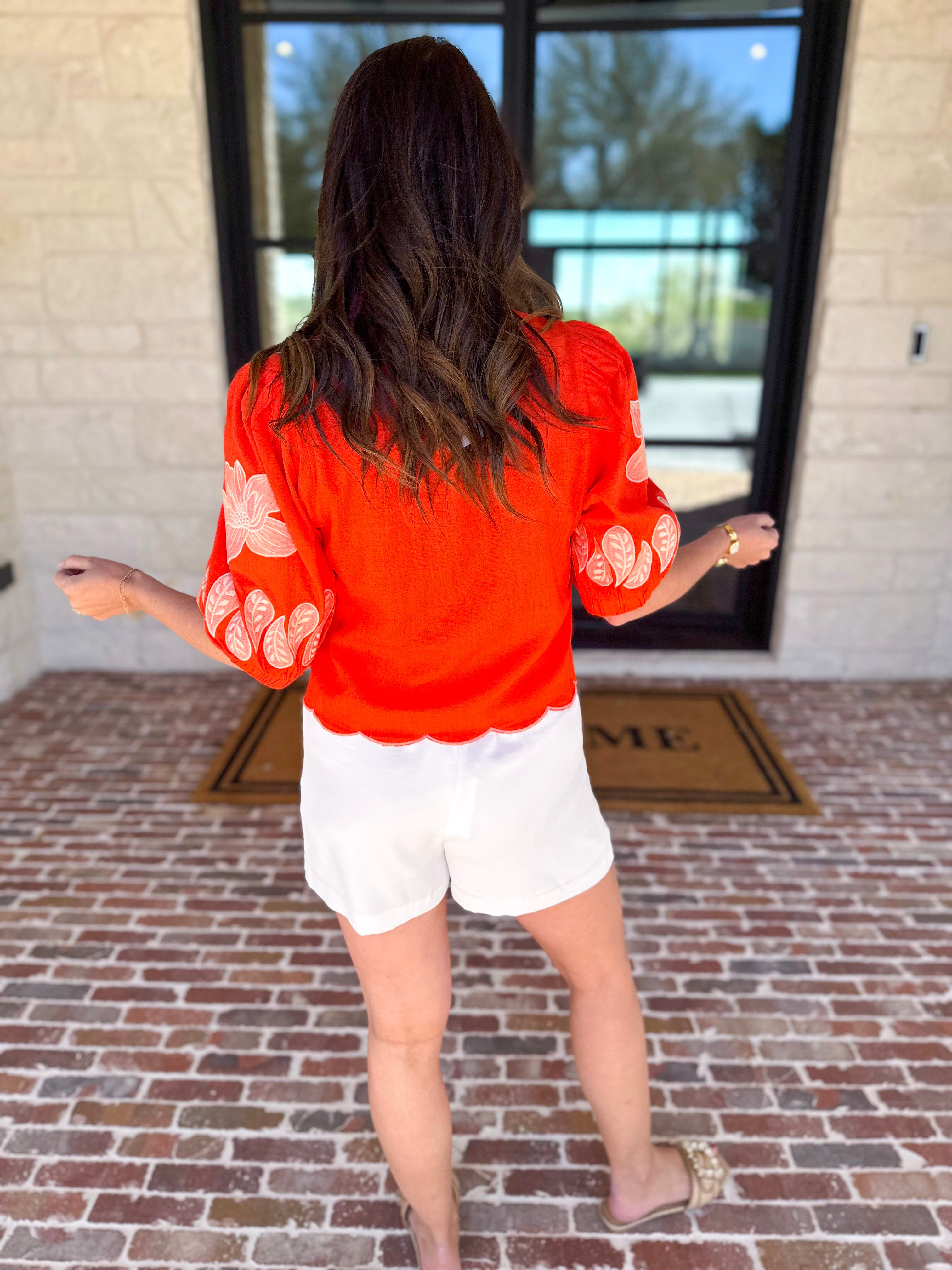 THML - Bold Orange Embroidered Blouse-200 Fashion Blouses-THML-July & June Women's Fashion Boutique Located in San Antonio, Texas