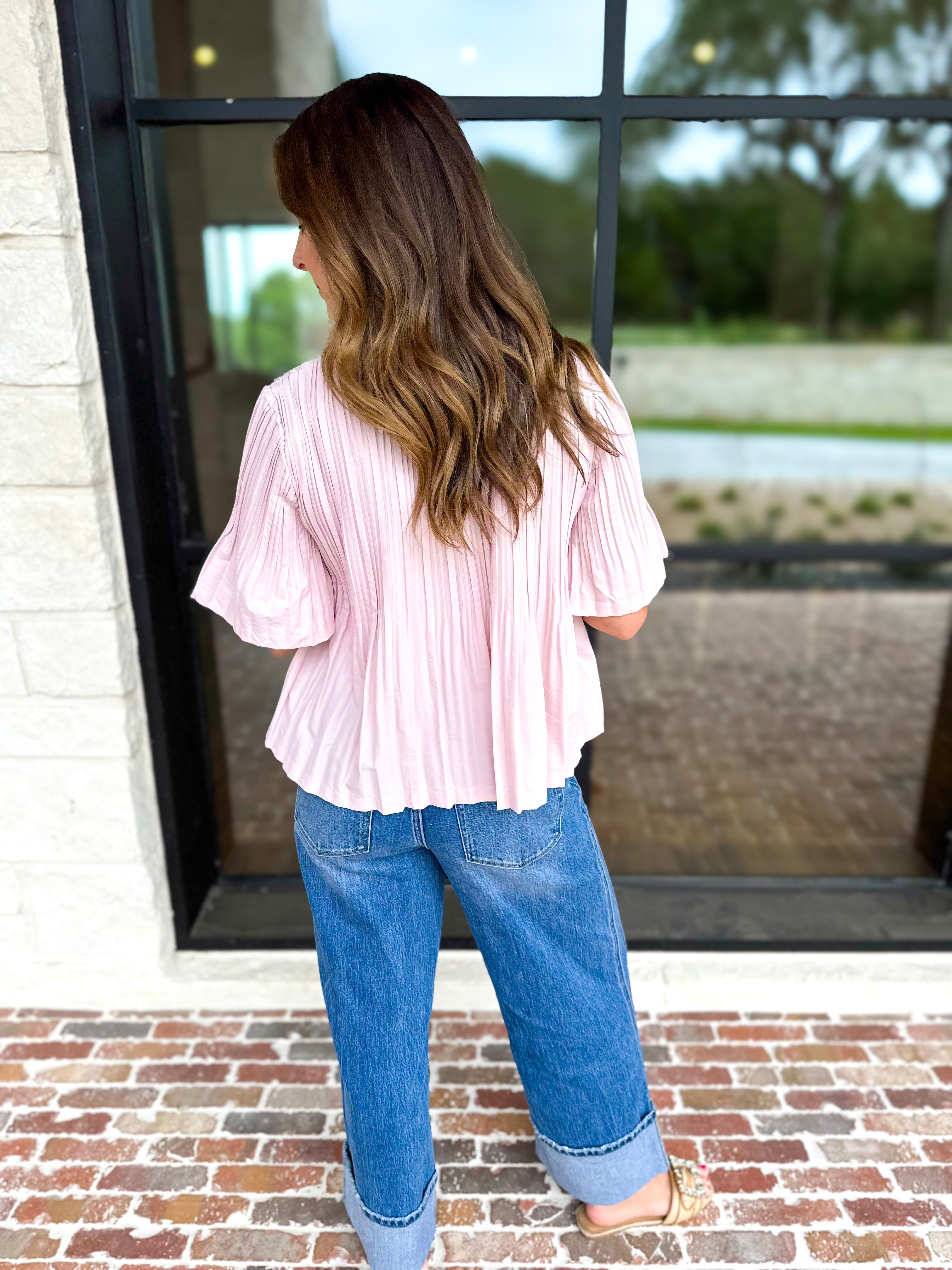Current Air - Pleated Button Down Blouse - Blush-200 Fashion Blouses-CURRENT AIR CLOTHING-July & June Women's Fashion Boutique Located in San Antonio, Texas