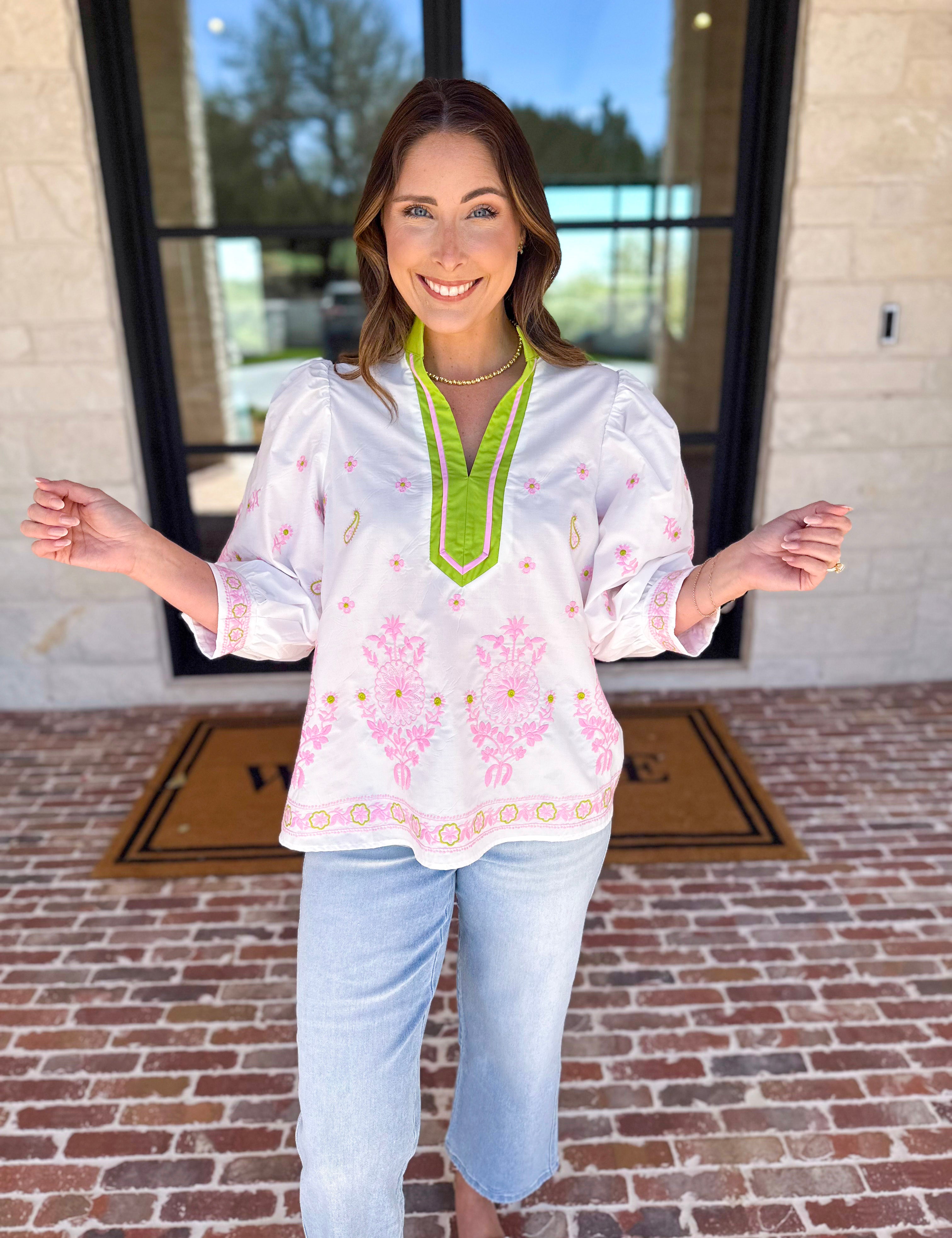 Matcha & Pink Embroidered Blouse-200 Fashion Blouses-ENTRO-July & June Women's Fashion Boutique Located in San Antonio, Texas