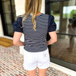 Navy Stripe Knit Tee-200 Fashion Blouses-SKIES ARE BLUE-July & June Women's Fashion Boutique Located in San Antonio, Texas