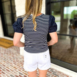 Navy Stripe Knit Tee-200 Fashion Blouses-SKIES ARE BLUE-July & June Women's Fashion Boutique Located in San Antonio, Texas