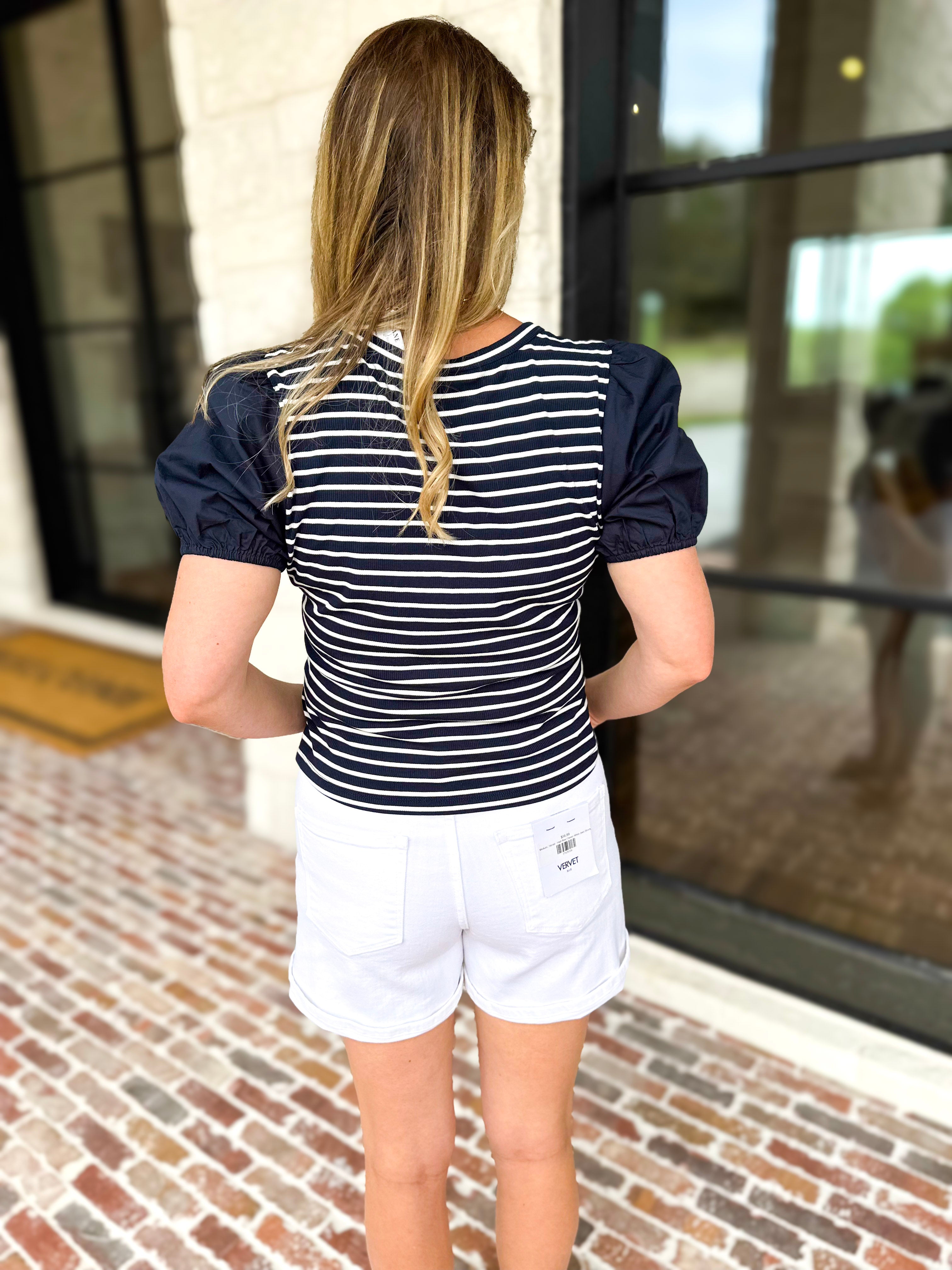 Navy Stripe Knit Tee-200 Fashion Blouses-SKIES ARE BLUE-July & June Women's Fashion Boutique Located in San Antonio, Texas
