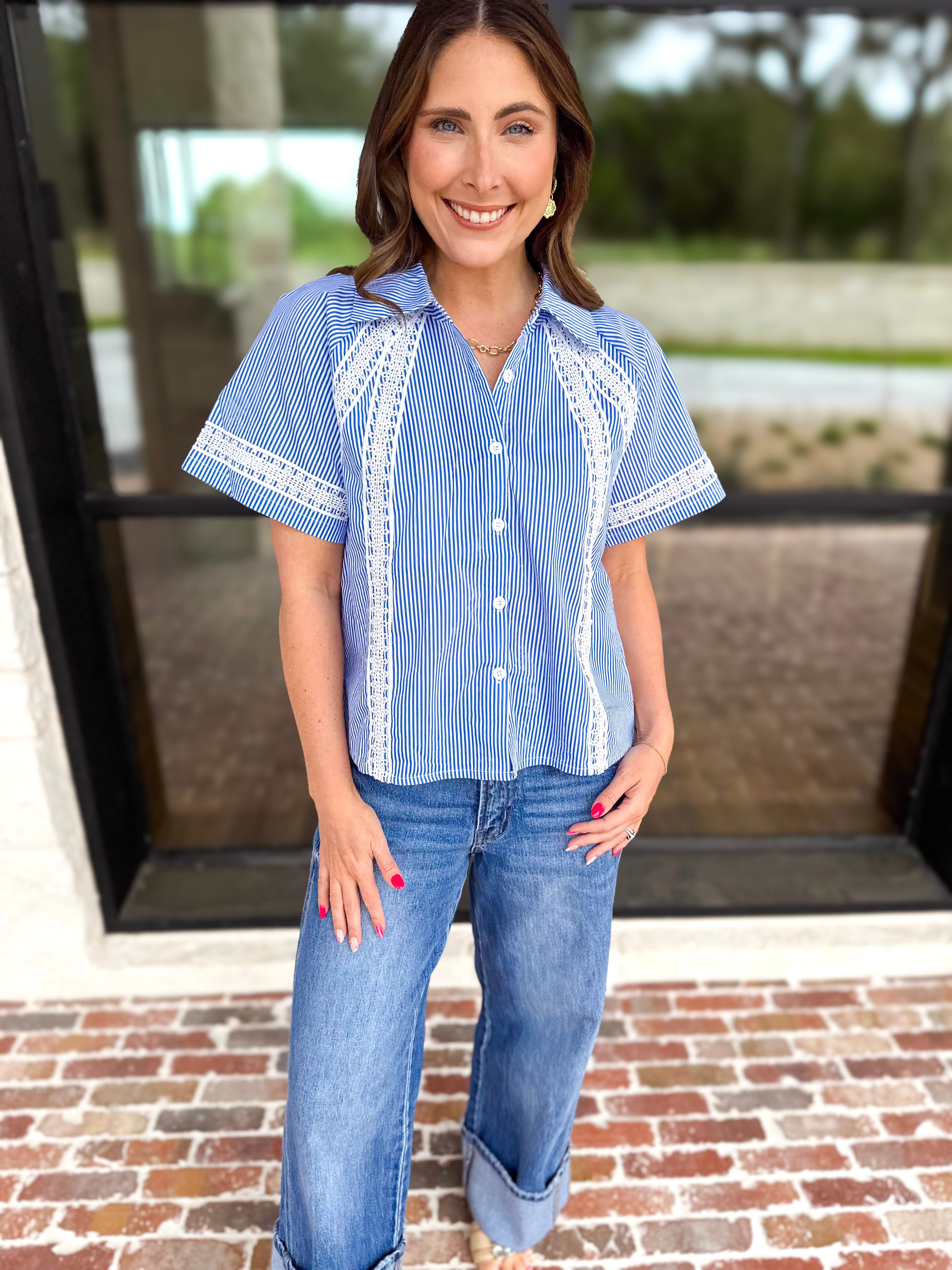 Crochet Blue Pinstripe Blouse-200 Fashion Blouses-JODIFL-July & June Women's Fashion Boutique Located in San Antonio, Texas