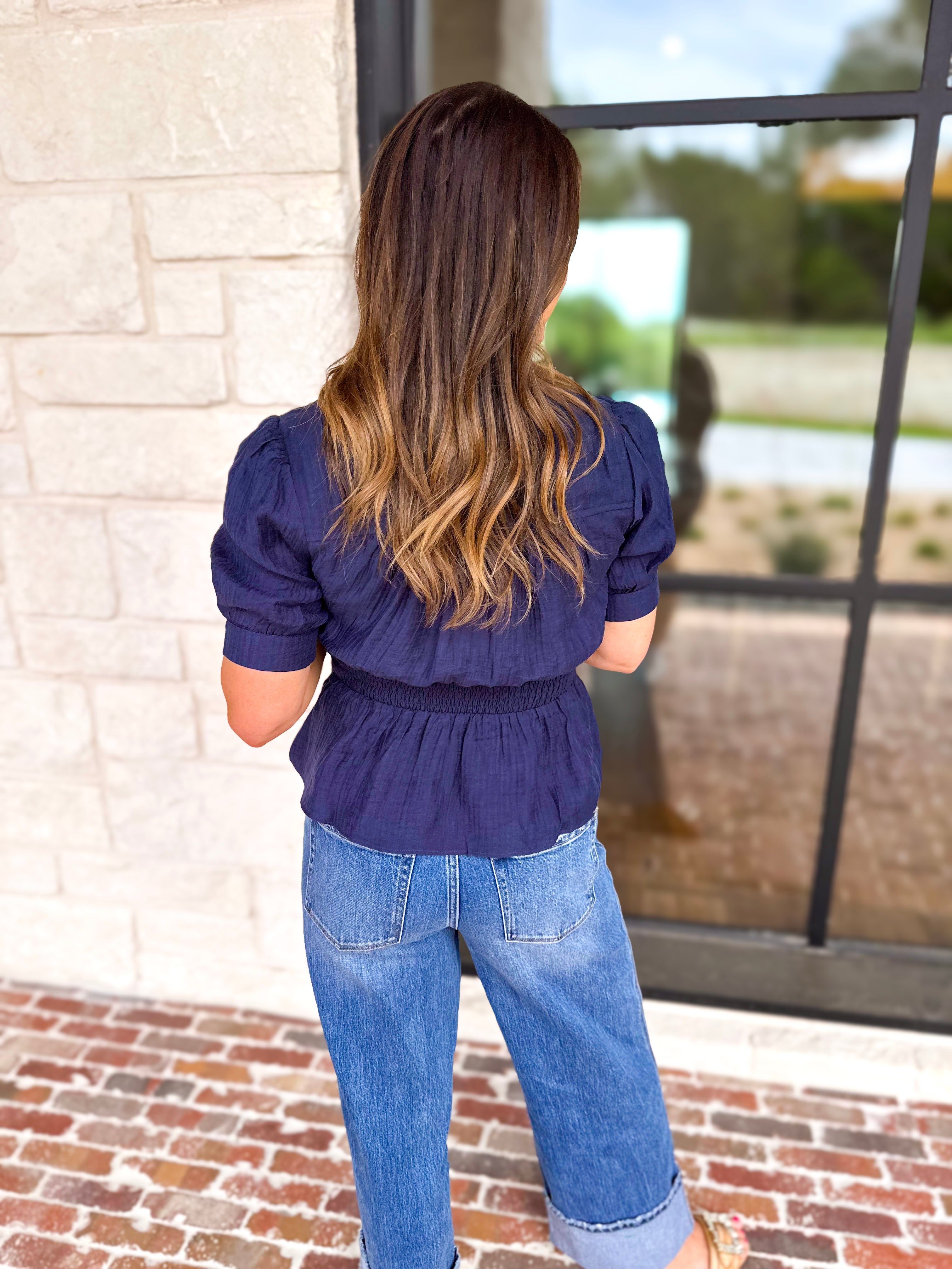Current Air - Navy Twist Peplum Blouse-200 Fashion Blouses-CURRENT AIR CLOTHING-July & June Women's Fashion Boutique Located in San Antonio, Texas