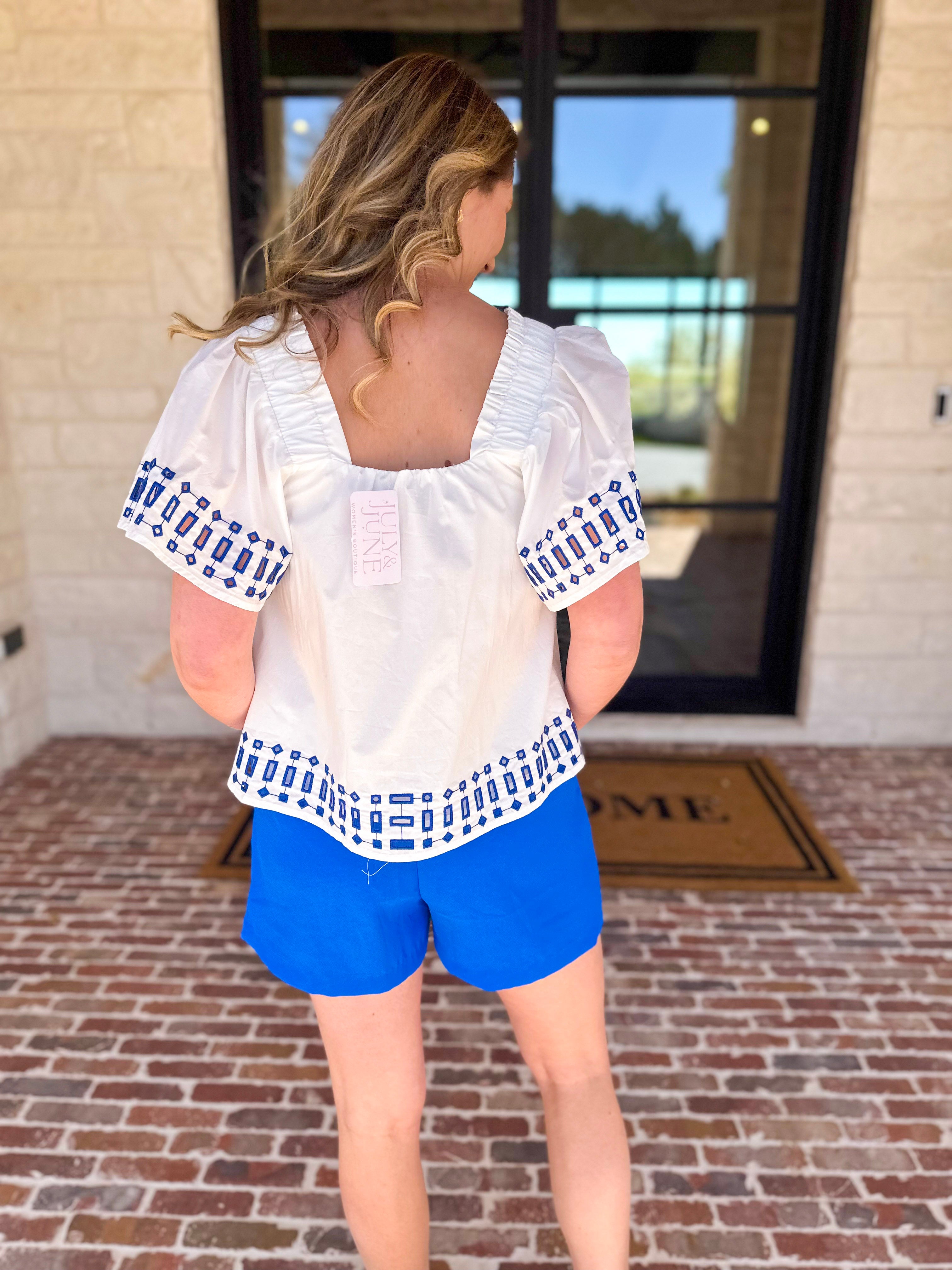 Tropical Blue Embroidered Blouse-200 Fashion Blouses-FATE-July & June Women's Fashion Boutique Located in San Antonio, Texas