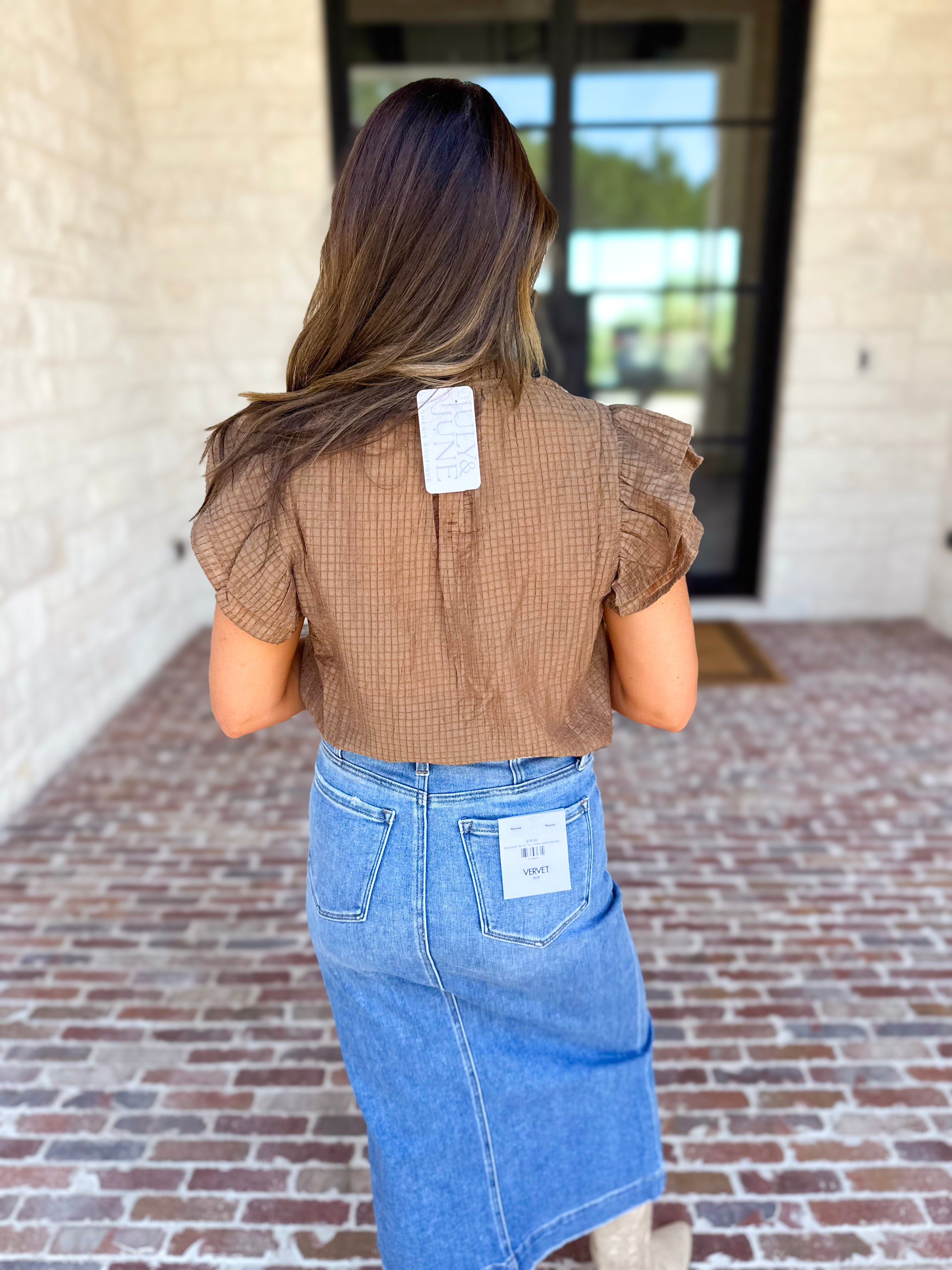 THML - Nutmeg Embroidered Flutter Sleeve Blouse-200 Fashion Blouses-THML-July & June Women's Fashion Boutique Located in San Antonio, Texas