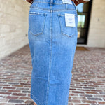 Vervet - Patch Pocket Denim Midi Skirt-410 Shorts/Skirts-VEVERT BY FLYING MONKEY-July & June Women's Fashion Boutique Located in San Antonio, Texas