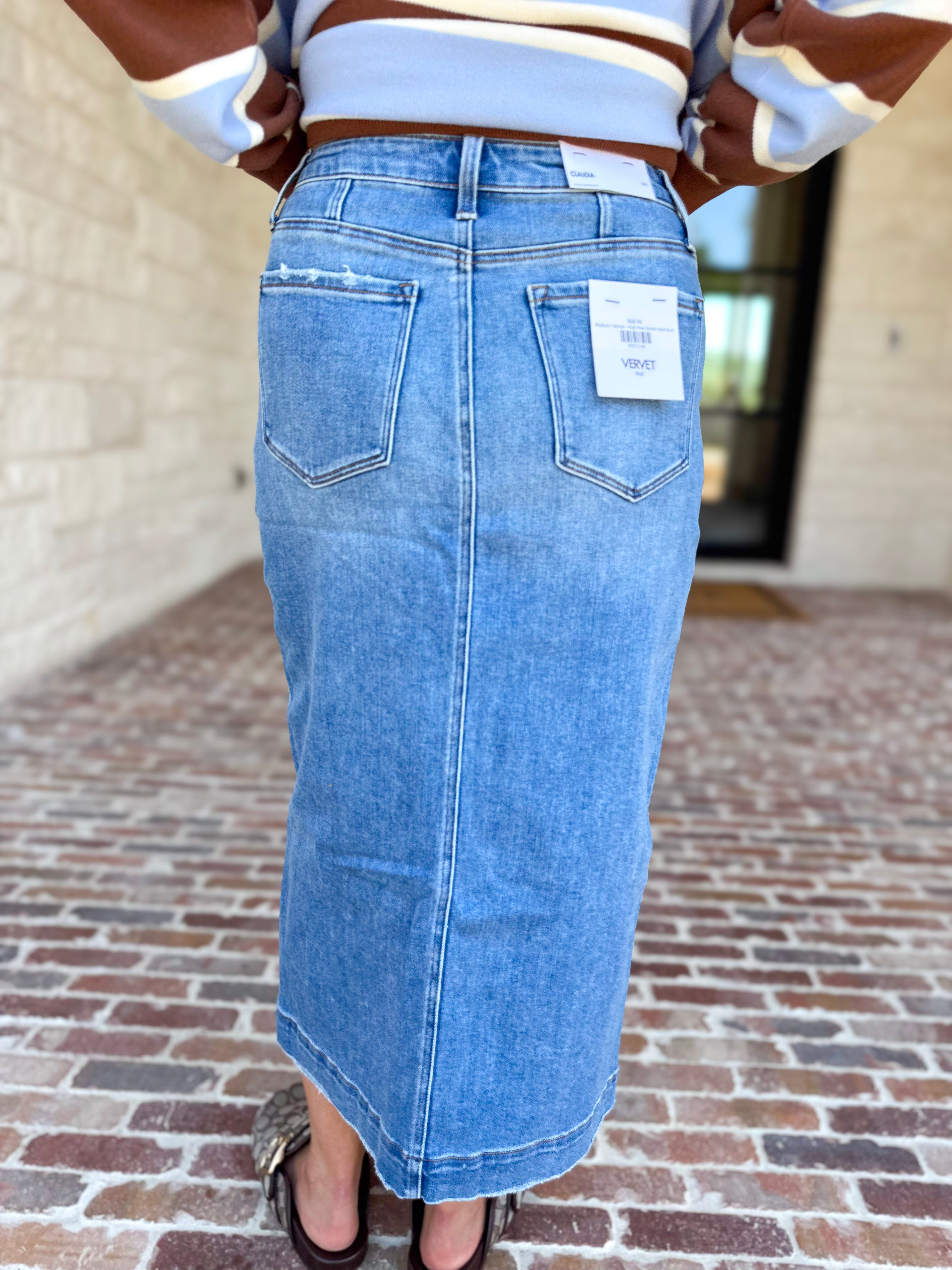 Vervet - Patch Pocket Denim Midi Skirt-410 Shorts/Skirts-VEVERT BY FLYING MONKEY-July & June Women's Fashion Boutique Located in San Antonio, Texas