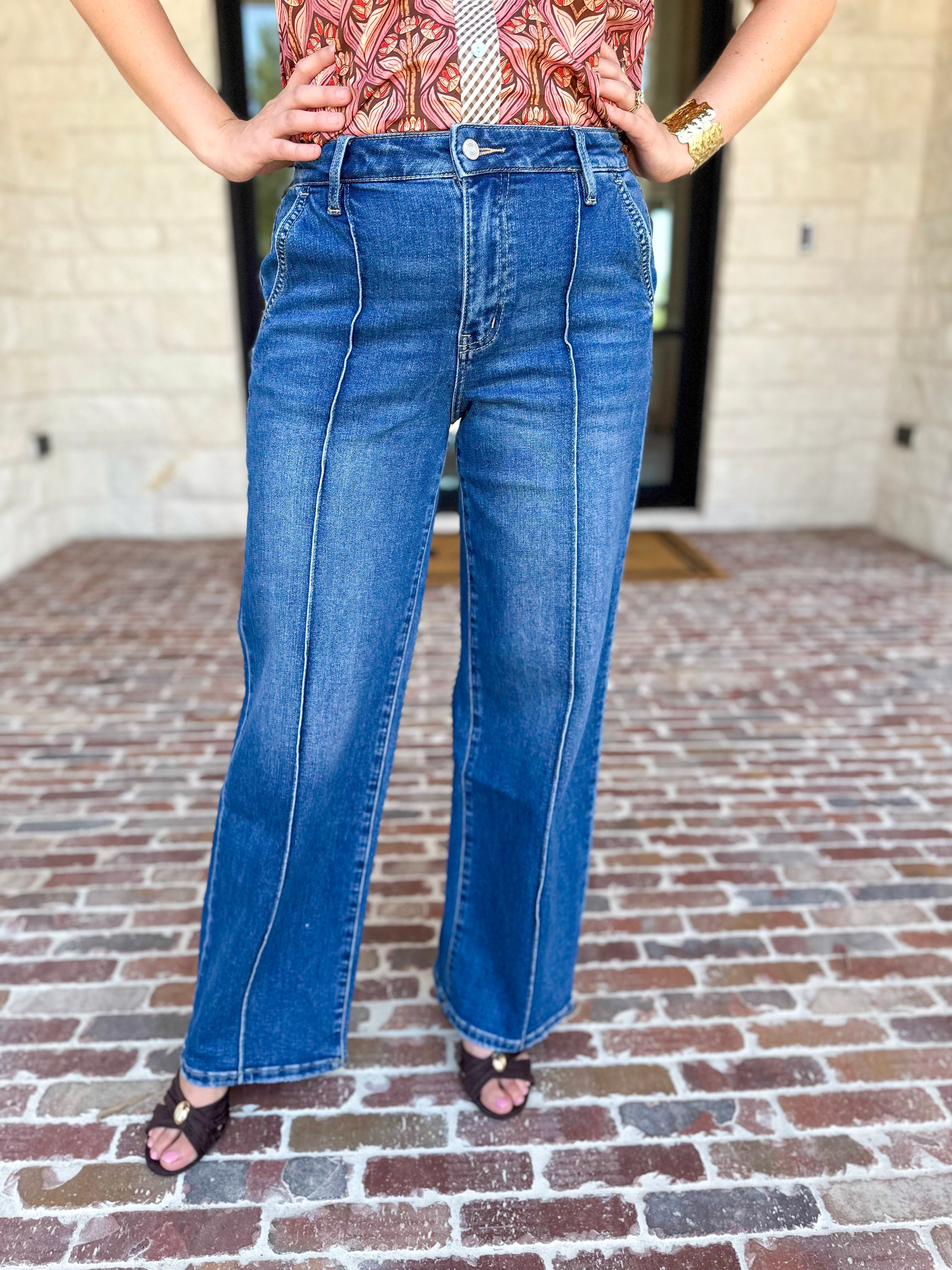 Vervet - Pin Tick High Rise Wide Leg Jeans-420 Denim-VEVERT BY FLYING MONKEY-July & June Women's Fashion Boutique Located in San Antonio, Texas