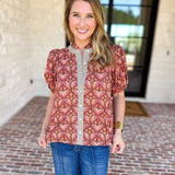 Rosewood Puff Sleeve Blouse-200 Fashion Blouses-ENTRO-July & June Women's Fashion Boutique Located in San Antonio, Texas