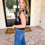 THML - Black Flutter Sleeve Embroidered Blouse-200 Fashion Blouses-THML-July & June Women's Fashion Boutique Located in San Antonio, Texas