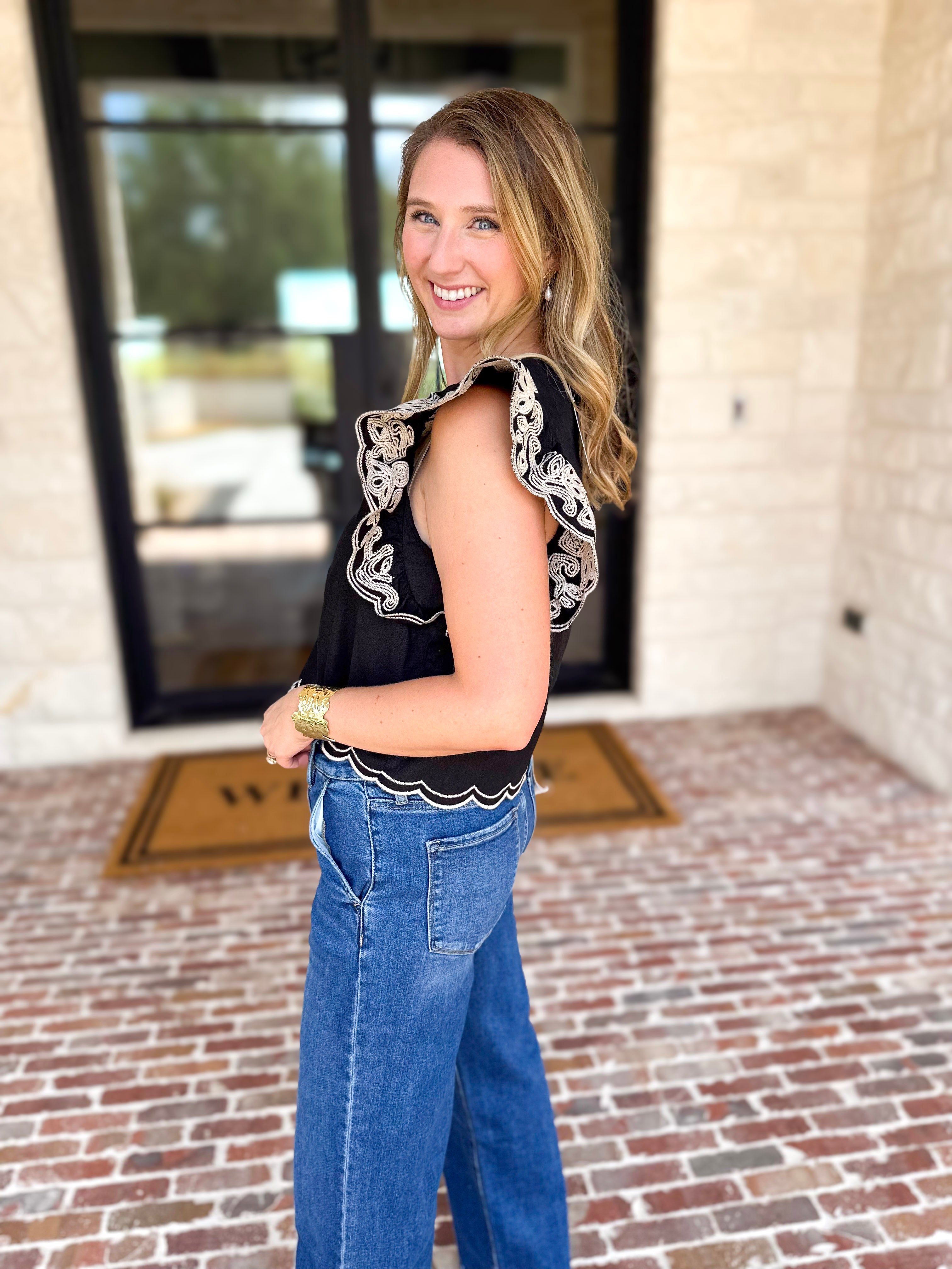 THML - Black Flutter Sleeve Embroidered Blouse-200 Fashion Blouses-THML-July & June Women's Fashion Boutique Located in San Antonio, Texas