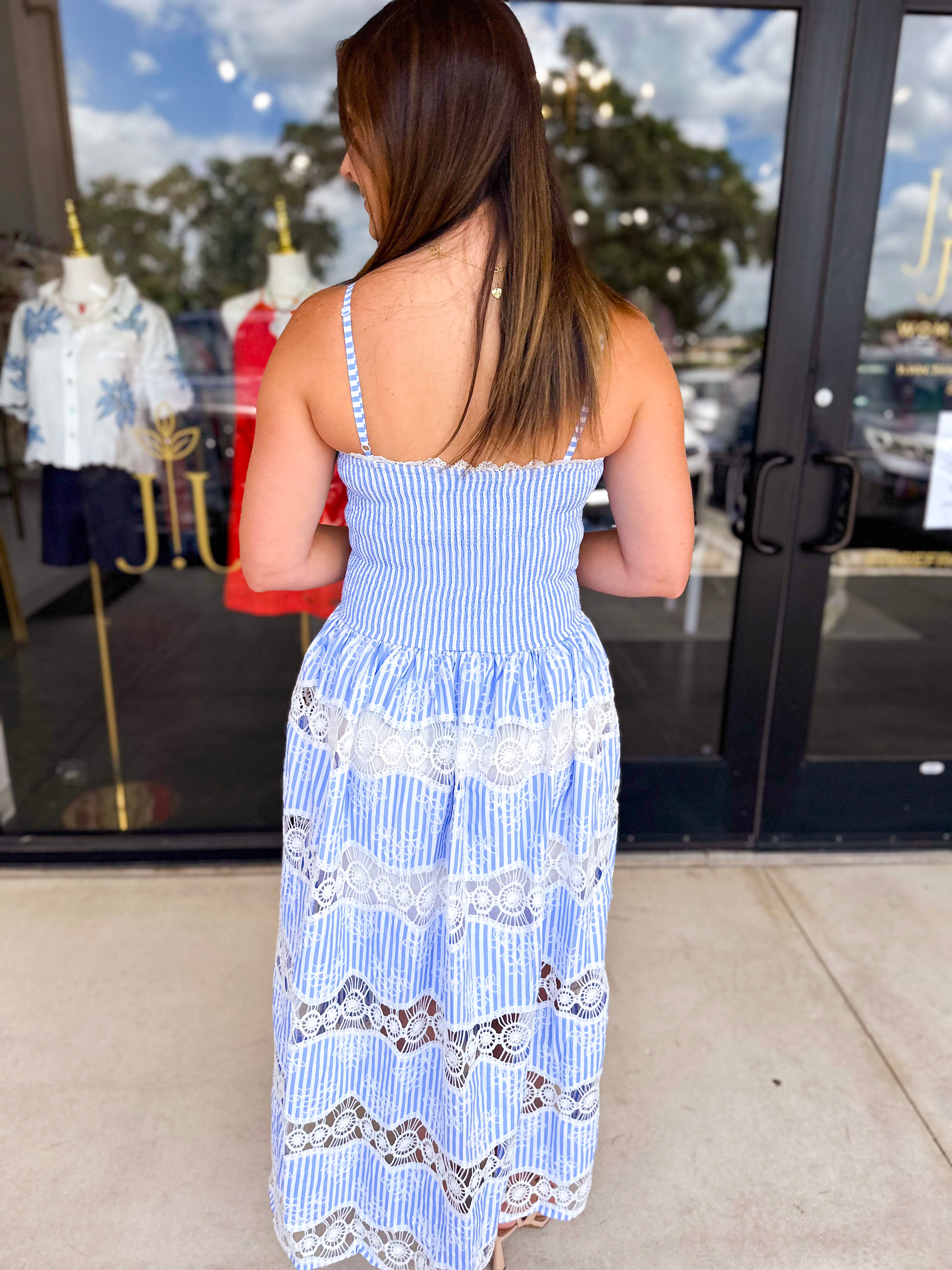 The Lillie Midi Dress - Blue & Ivory-500 Midi-STRUT & BOLT-July & June Women's Fashion Boutique Located in San Antonio, Texas