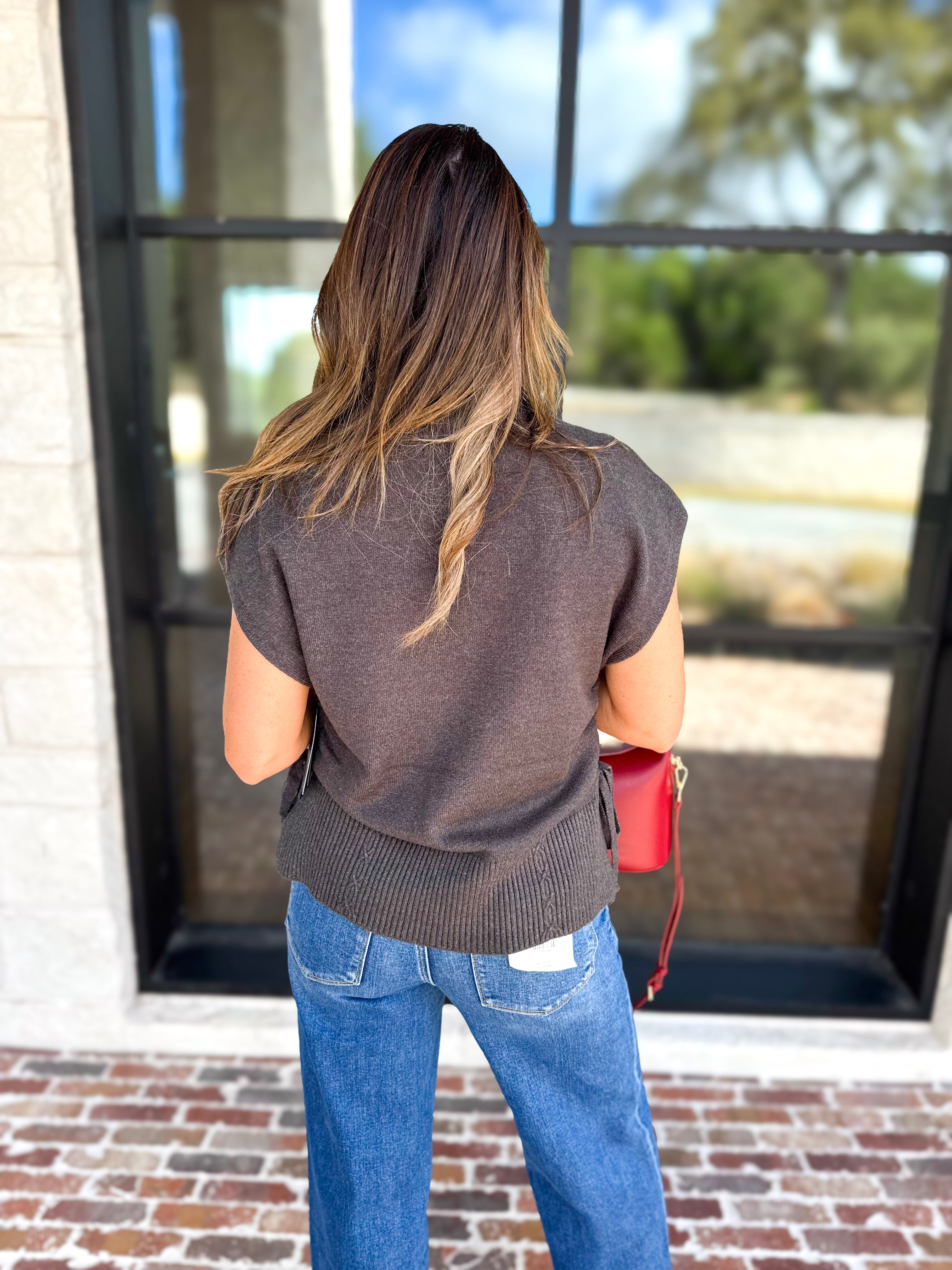 Liverpool - V-Neck Cinch Knit Top - Charcoal-230 Sweaters/Cardis-LIVERPOOL JEANS COMPANY-July & June Women's Fashion Boutique Located in San Antonio, Texas