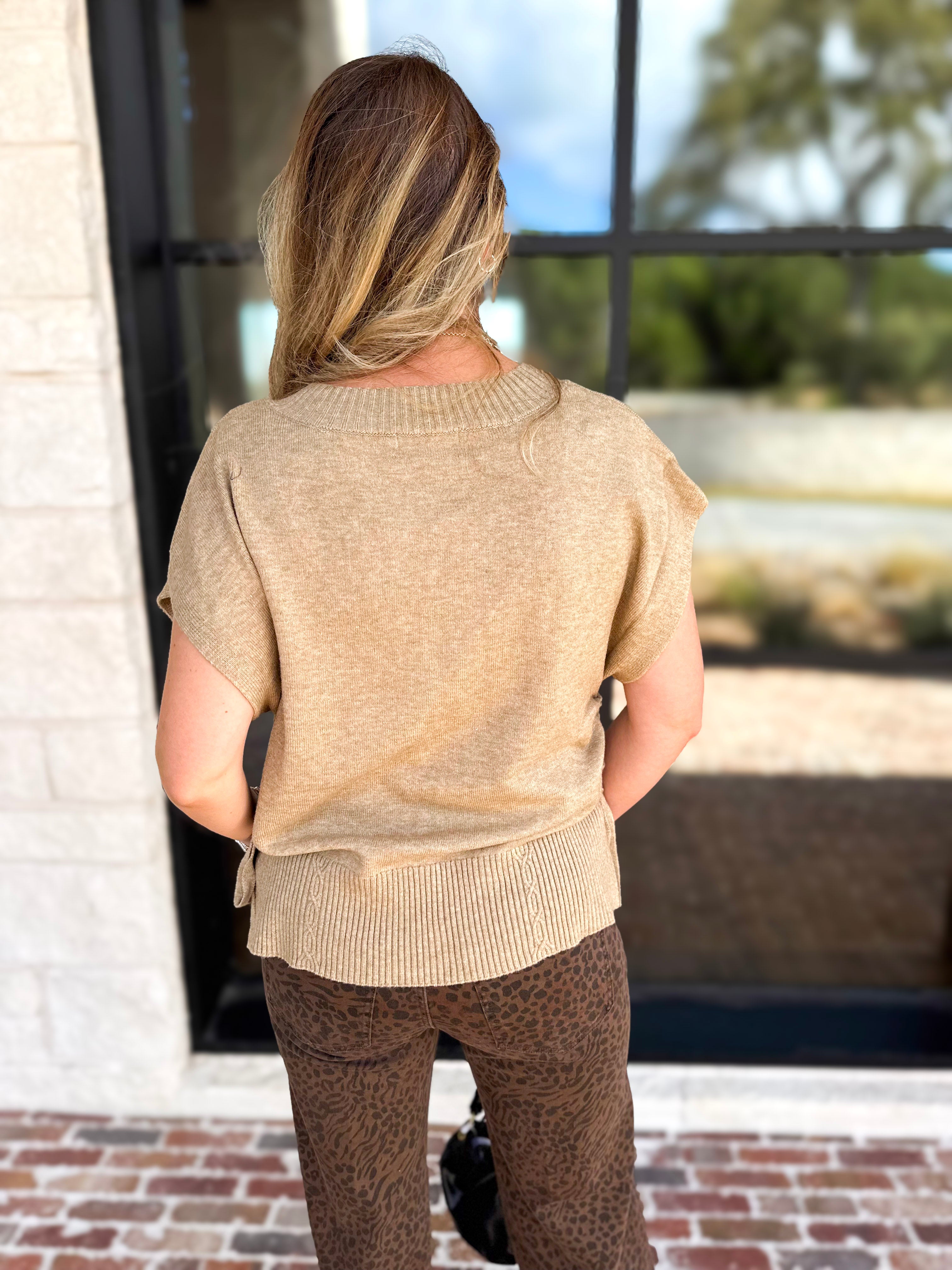 Liverpool - V-Neck Cinch Knit Top - Toasted Tan-230 Sweaters/Cardis-LIVERPOOL JEANS COMPANY-July & June Women's Fashion Boutique Located in San Antonio, Texas