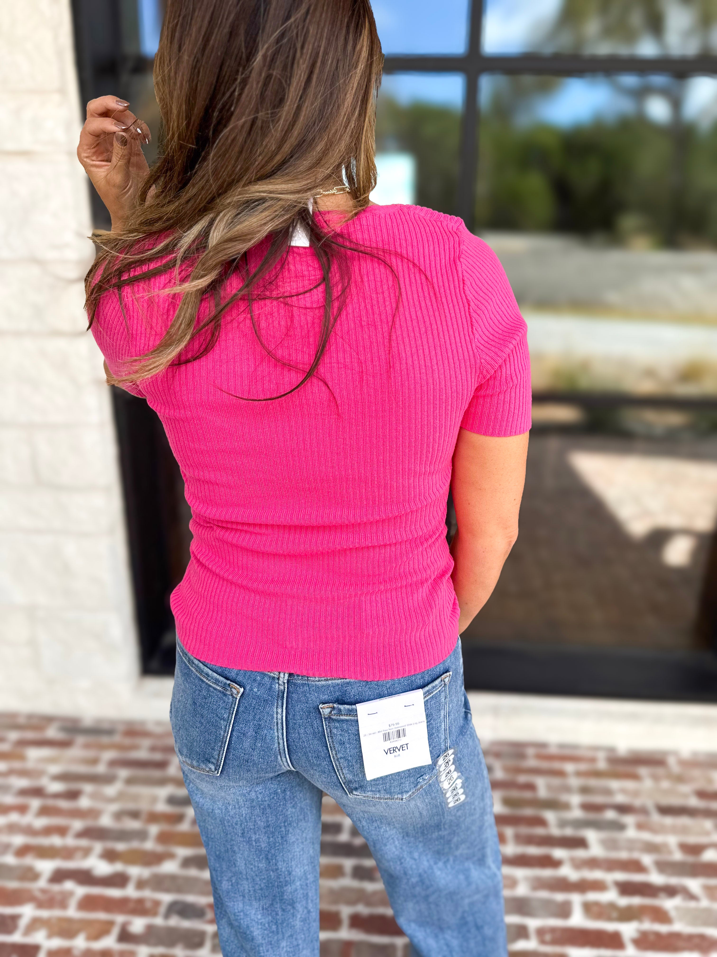 Ribbed Square Neck Knit Top - Hot Pink-230 Sweaters/Cardis-ALLIE ROSE-July & June Women's Fashion Boutique Located in San Antonio, Texas