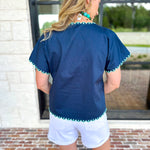 Coastal Embroidered Blouse - Navy-200 Fashion Blouses-JODIFL-July & June Women's Fashion Boutique Located in San Antonio, Texas