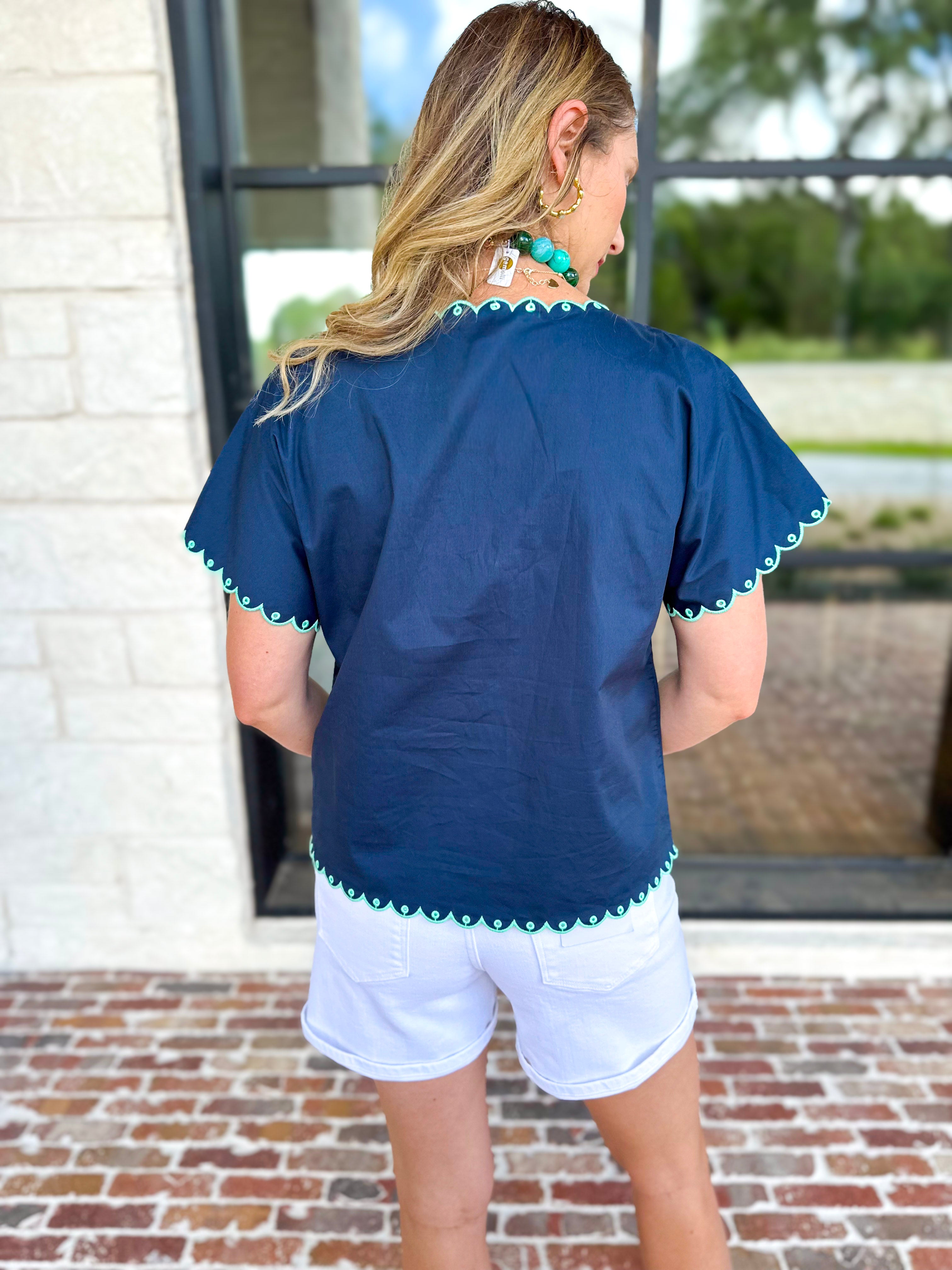 Coastal Embroidered Blouse - Navy-200 Fashion Blouses-JODIFL-July & June Women's Fashion Boutique Located in San Antonio, Texas