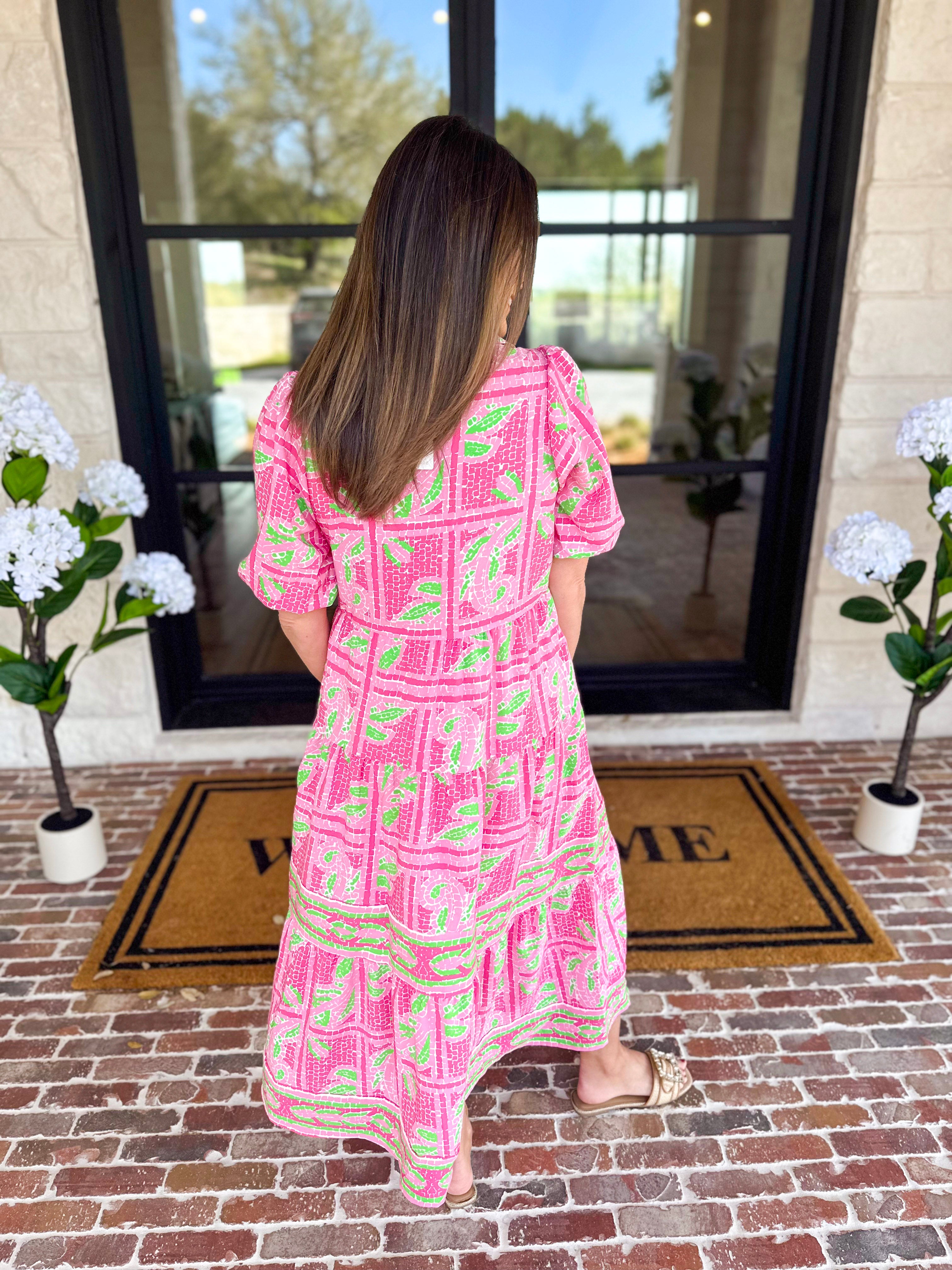 Mary Square - Pink Trellis Tiles Midi Dress-500 Midi-MARY SQUARE-July & June Women's Fashion Boutique Located in San Antonio, Texas